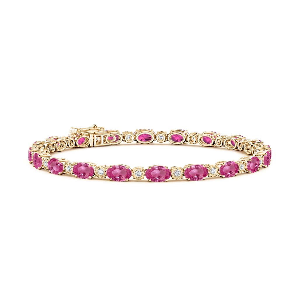6x4mm AAAA Oval Pink Sapphire Tennis Bracelet with Gypsy Diamonds in Yellow Gold