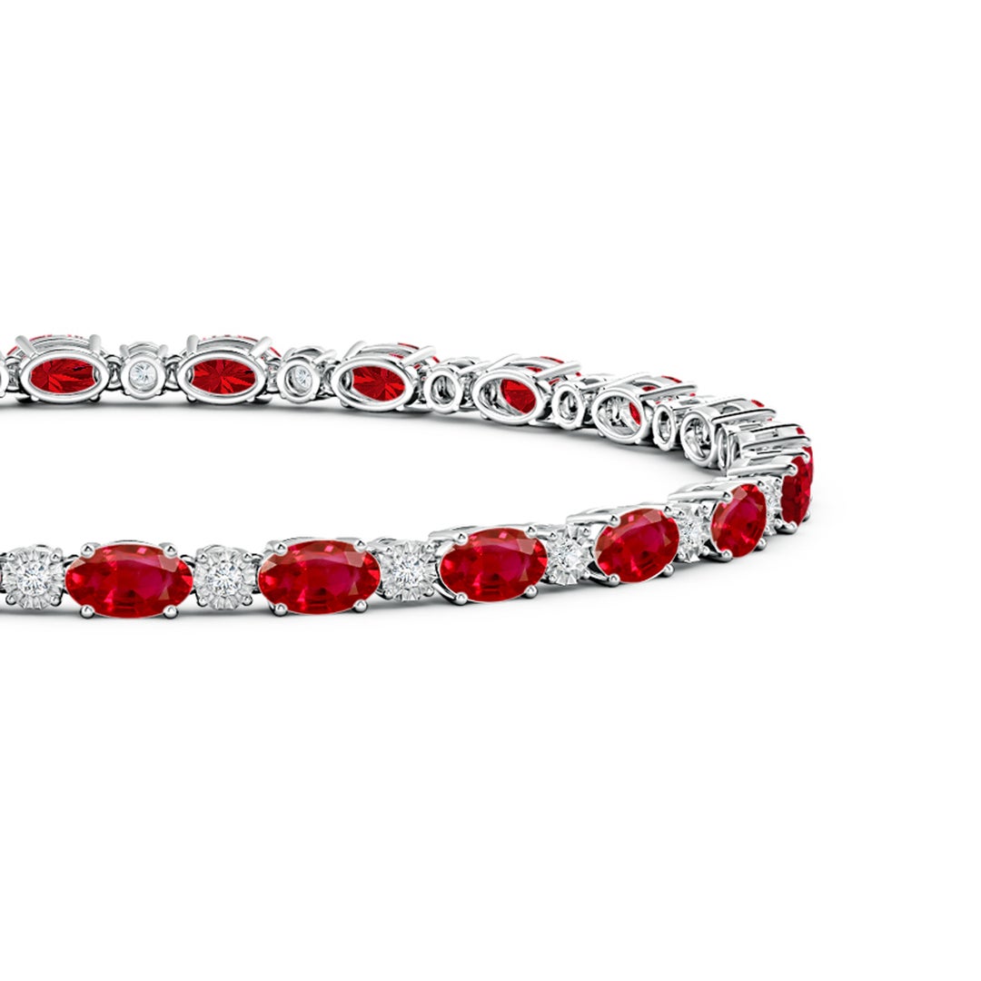 5x3mm AAA Oval Ruby Tennis Bracelet with Gypsy Diamonds in White Gold - side 1