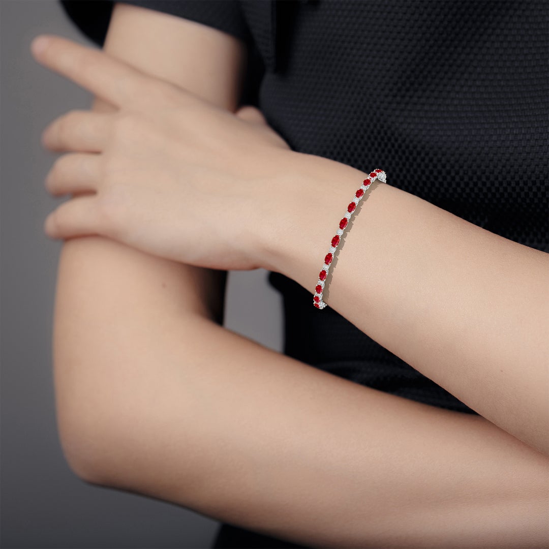 5x3mm AAA Oval Ruby Tennis Bracelet with Gypsy Diamonds in White Gold - body_view 2