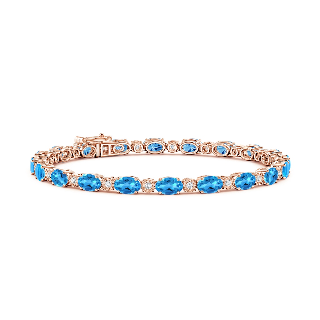 6x4mm AAAA Oval Swiss Blue Topaz Tennis Bracelet with Gypsy Diamonds in Rose Gold