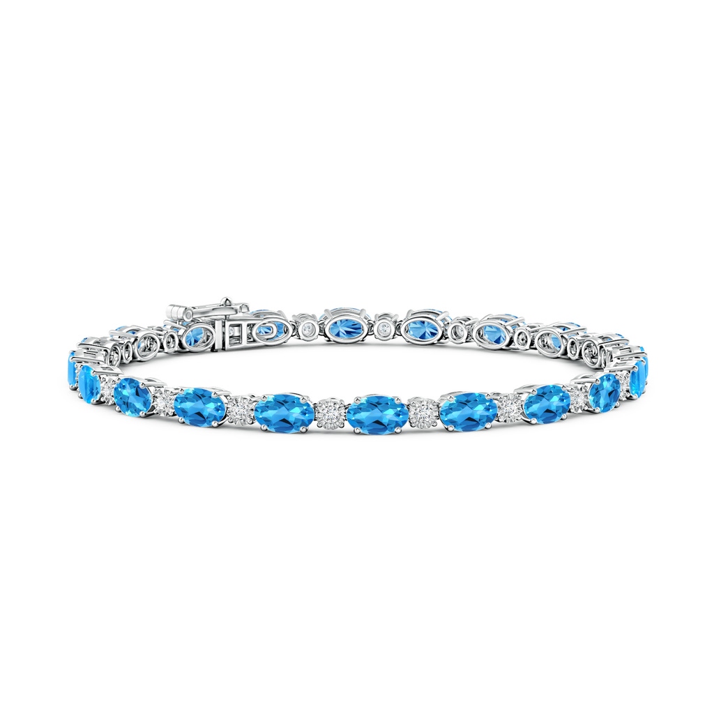 6x4mm AAAA Oval Swiss Blue Topaz Tennis Bracelet with Gypsy Diamonds in White Gold