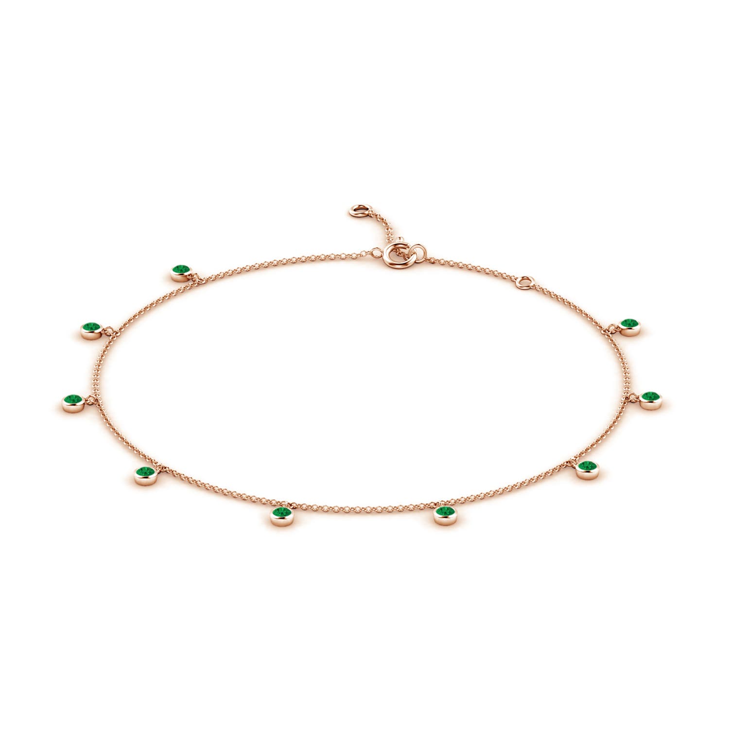 1.7mm AAA Bezel-Set Emerald Station Adjustable Charm Anklet in Rose Gold