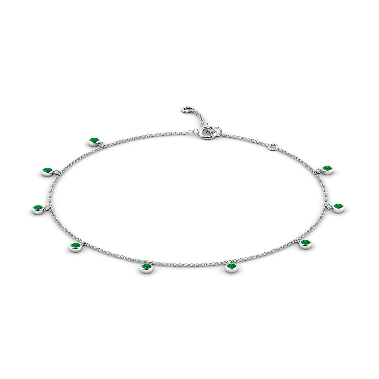 1.7mm AAAA Bezel-Set Emerald Station Adjustable Charm Anklet in White Gold