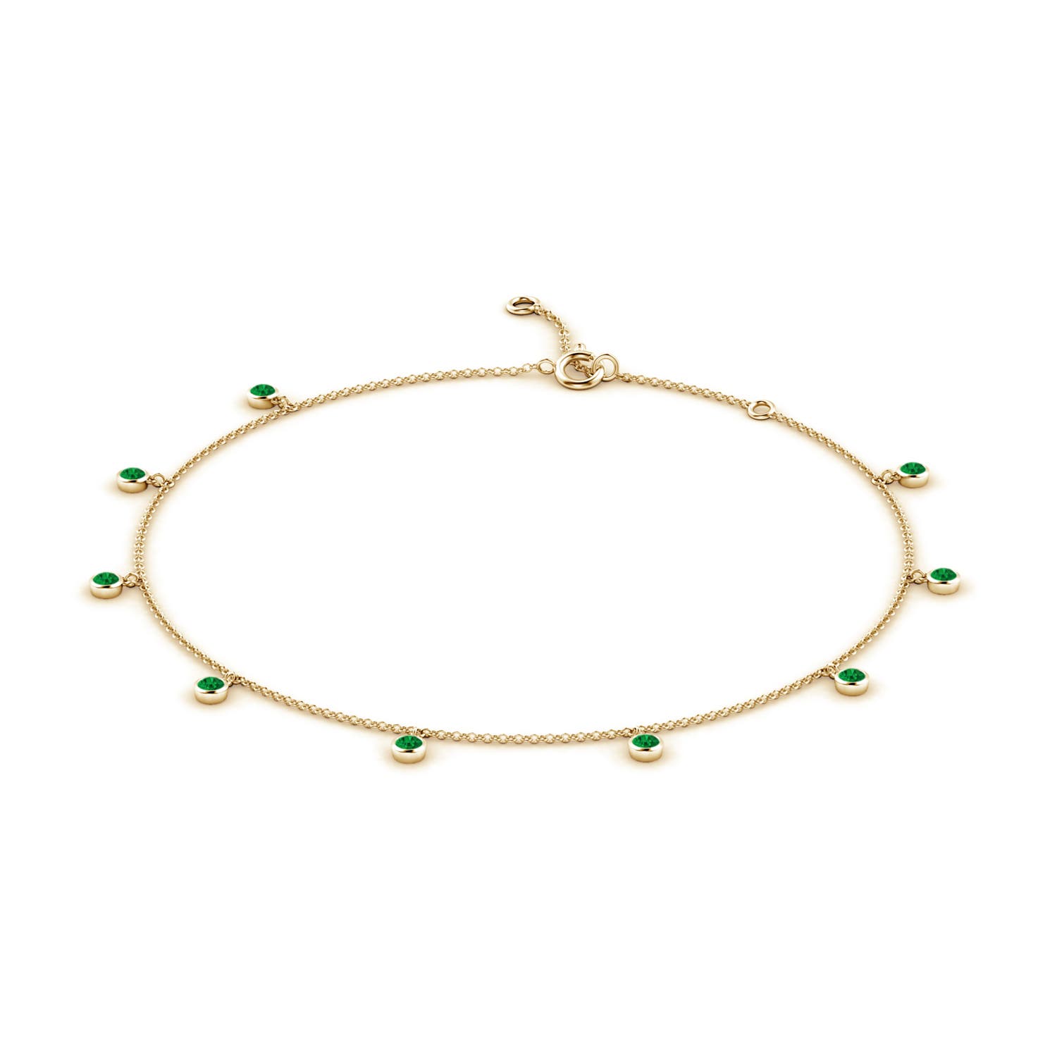 1.7mm AAAA Bezel-Set Emerald Station Adjustable Charm Anklet in Yellow Gold