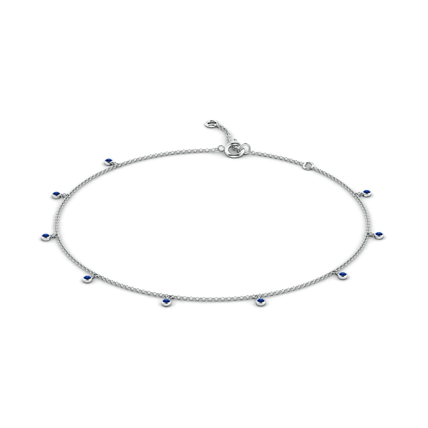 1.7mm AAAA Bezel-Set Blue Sapphire Station Adjustable Charm Anklet in White Gold - side 1