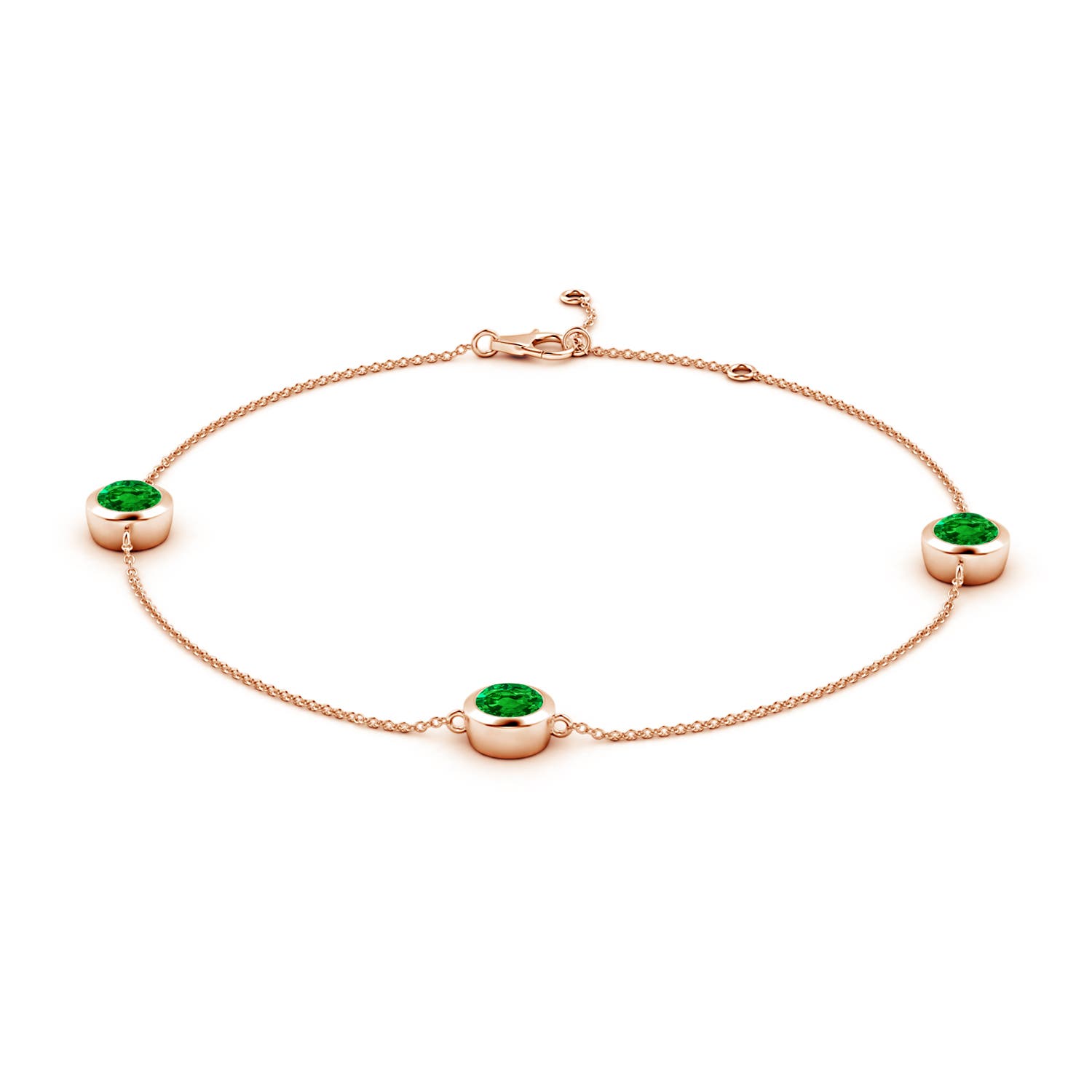 6mm AAAA Bezel-Set Emerald Station Adjustable Ankle Bracelet in 18K Rose Gold