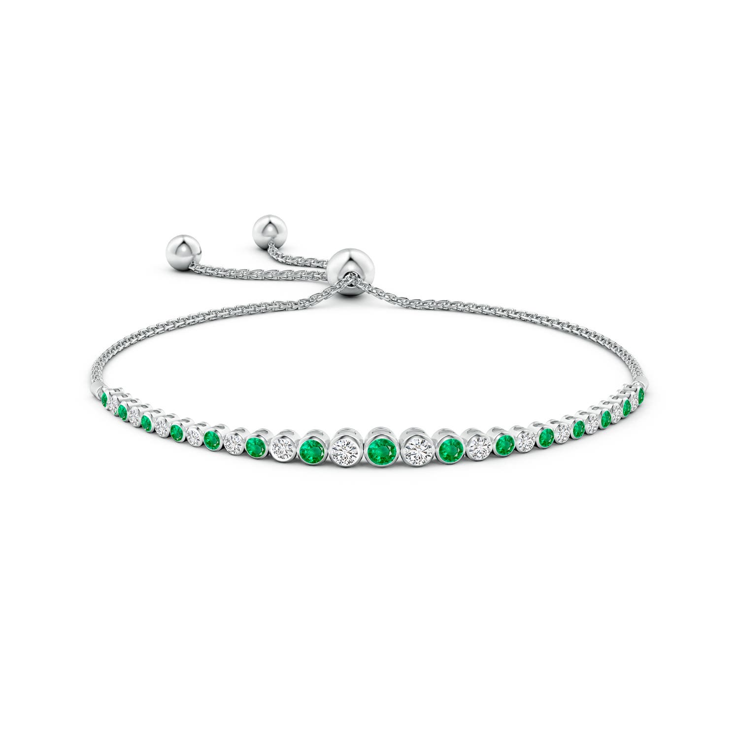 3.1mm AAA Graduated Bezel-Set Emerald and Diamond Bolo Bracelet in White Gold