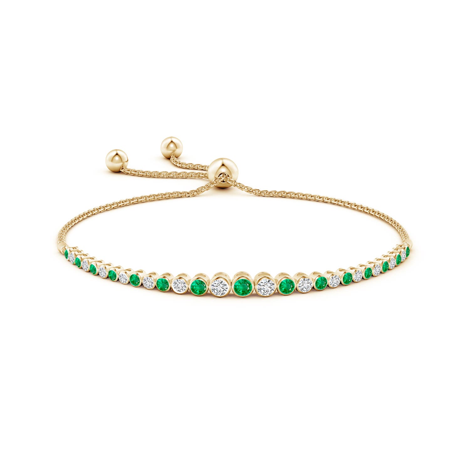 3.1mm AAA Graduated Bezel-Set Emerald and Diamond Bolo Bracelet in Yellow Gold