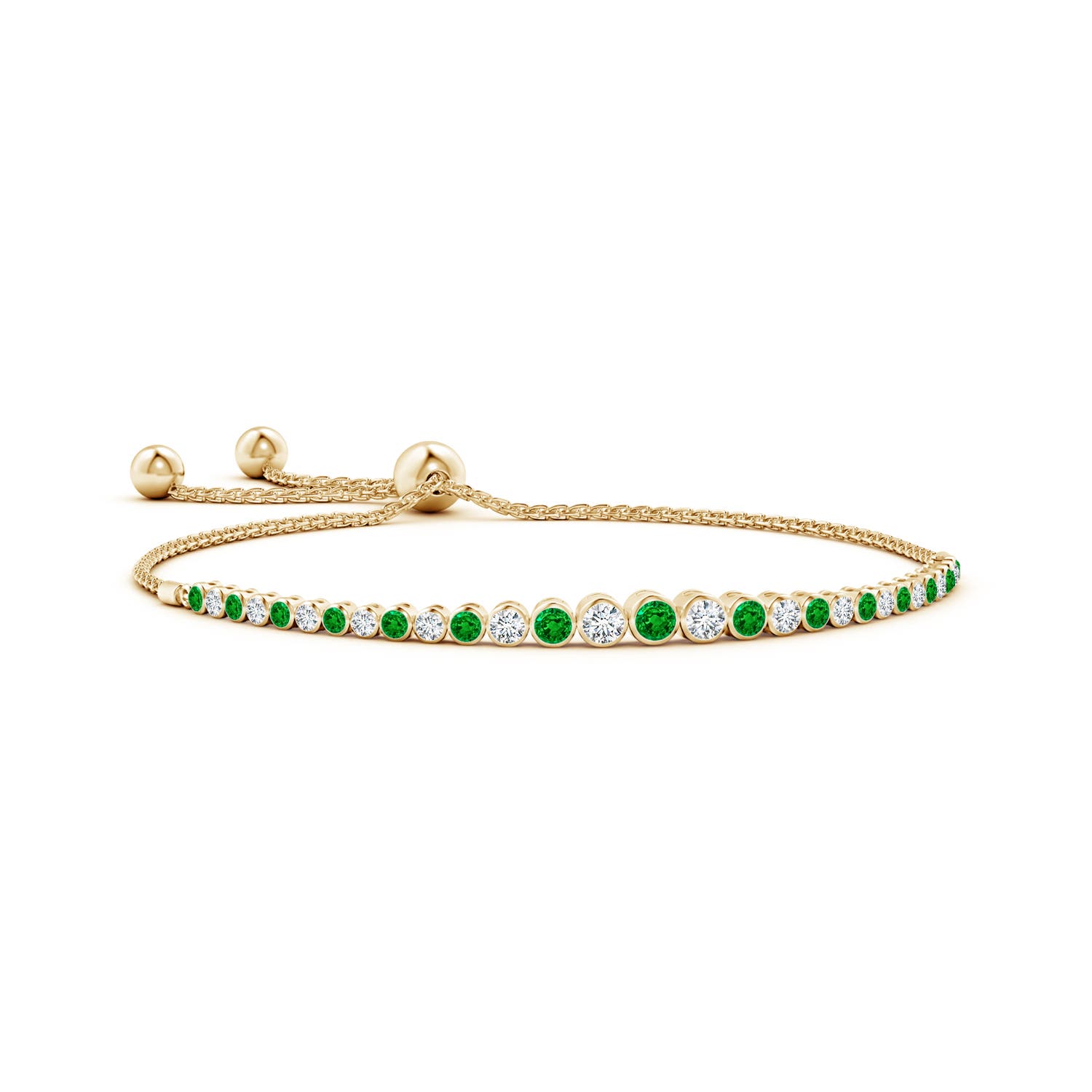 3.1mm AAAA Graduated Bezel-Set Emerald and Diamond Bolo Bracelet in Yellow Gold
