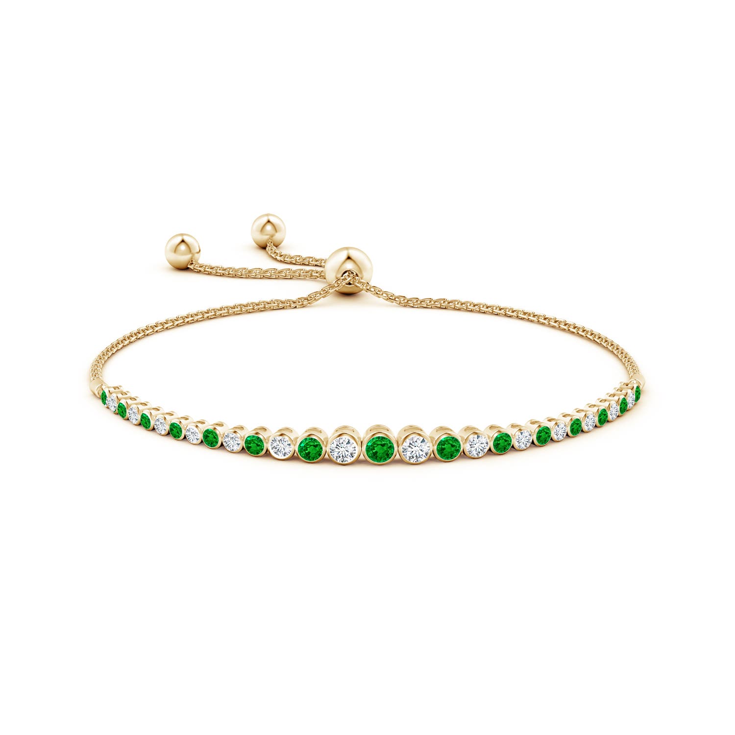3.1mm AAAA Graduated Bezel-Set Emerald and Diamond Bolo Bracelet in Yellow Gold