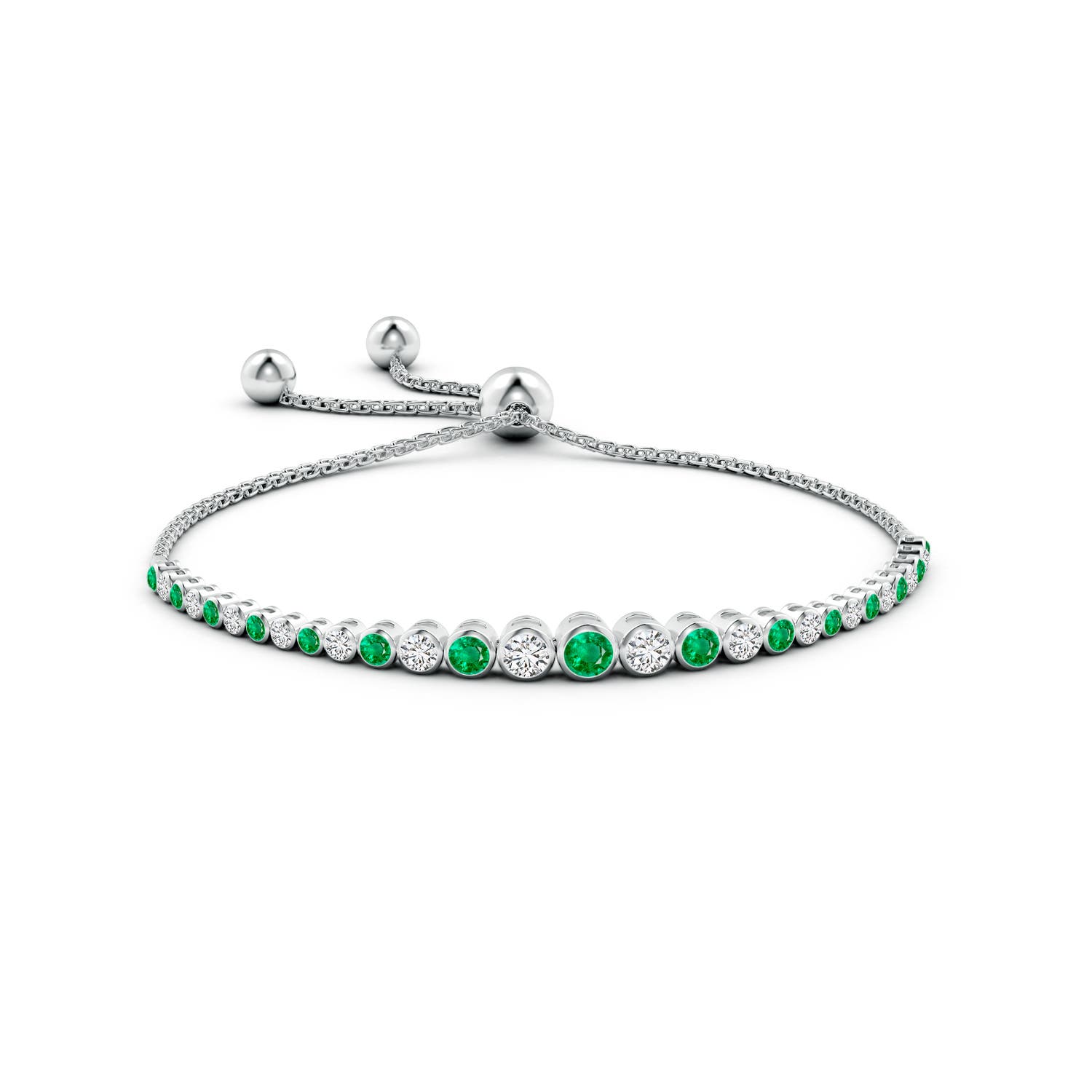 3.5mm AAA Graduated Bezel-Set Emerald and Diamond Bolo Bracelet in White Gold