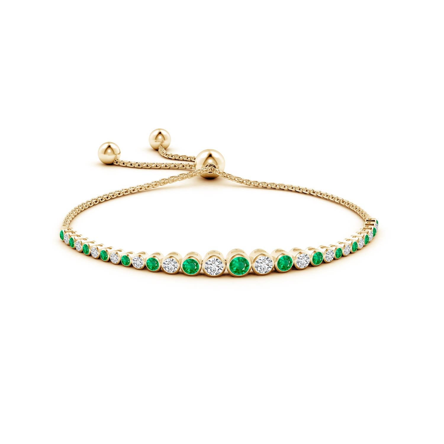 3.5mm AAA Graduated Bezel-Set Emerald and Diamond Bolo Bracelet in Yellow Gold