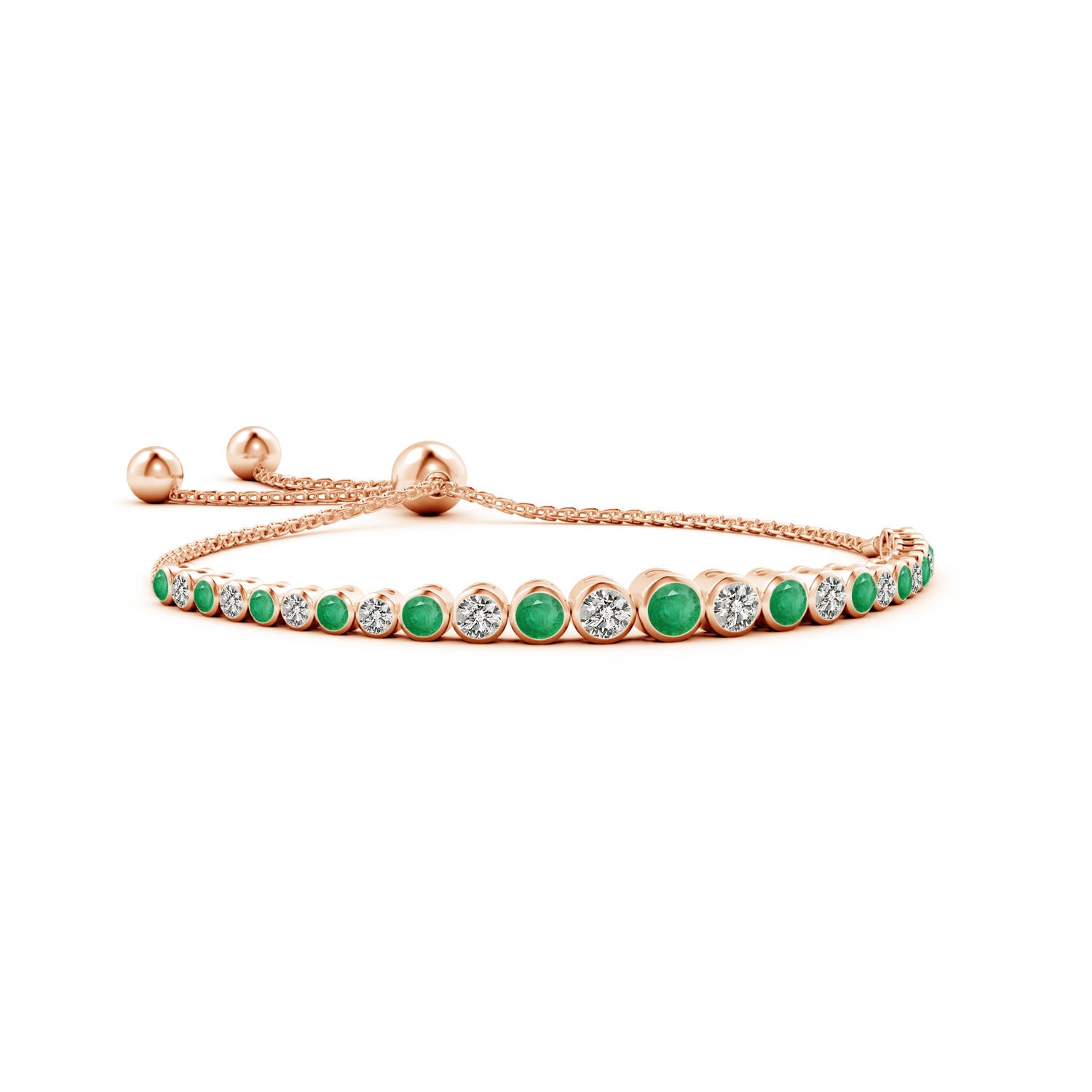 4mm A Graduated Bezel-Set Emerald and Diamond Bolo Bracelet in Rose Gold