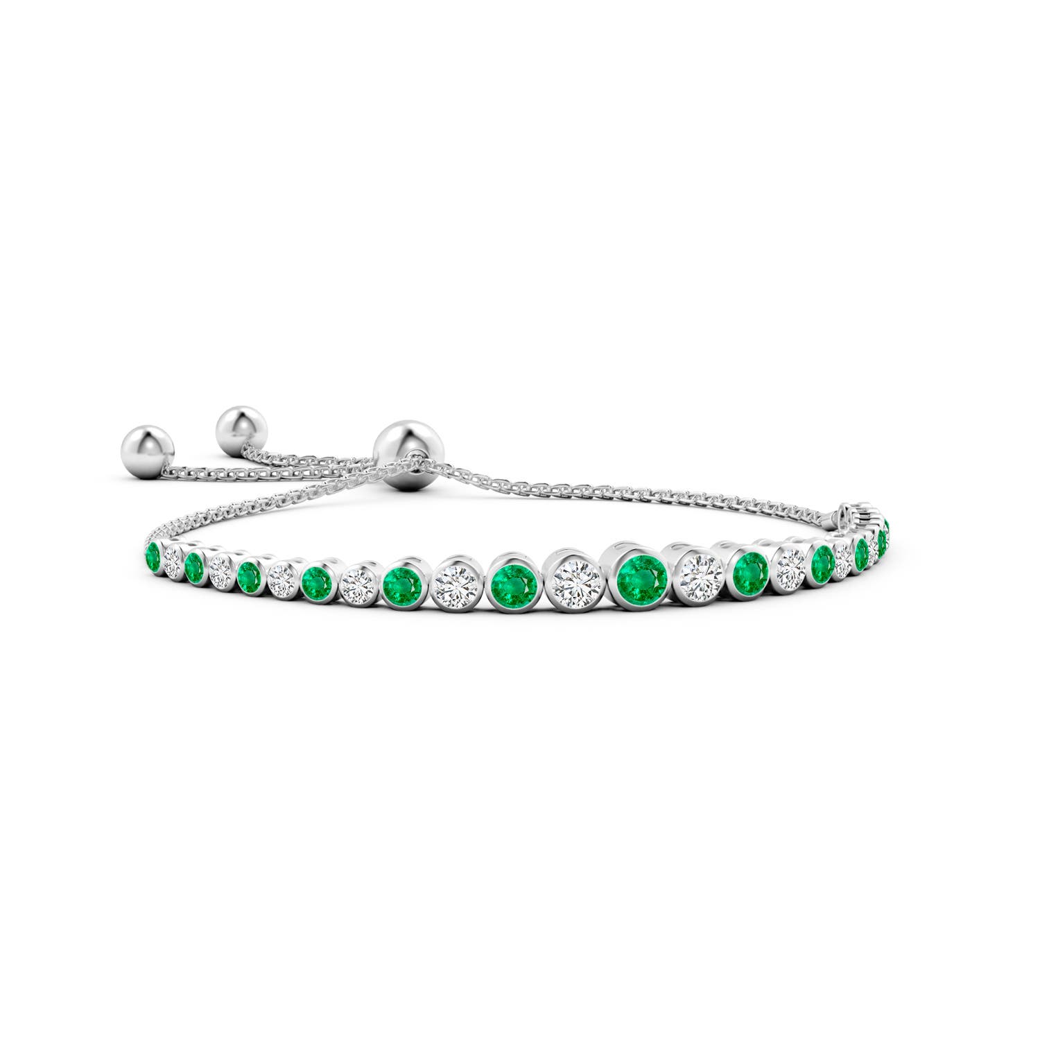 4mm AAA Graduated Bezel-Set Emerald and Diamond Bolo Bracelet in White Gold