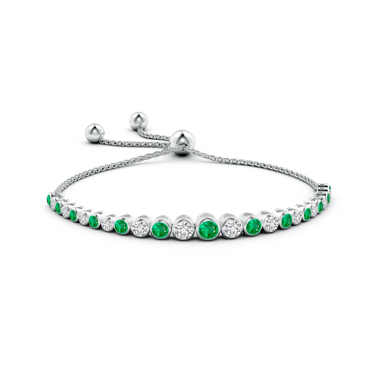 4mm AAA Graduated Bezel-Set Emerald and Diamond Bolo Bracelet in White Gold