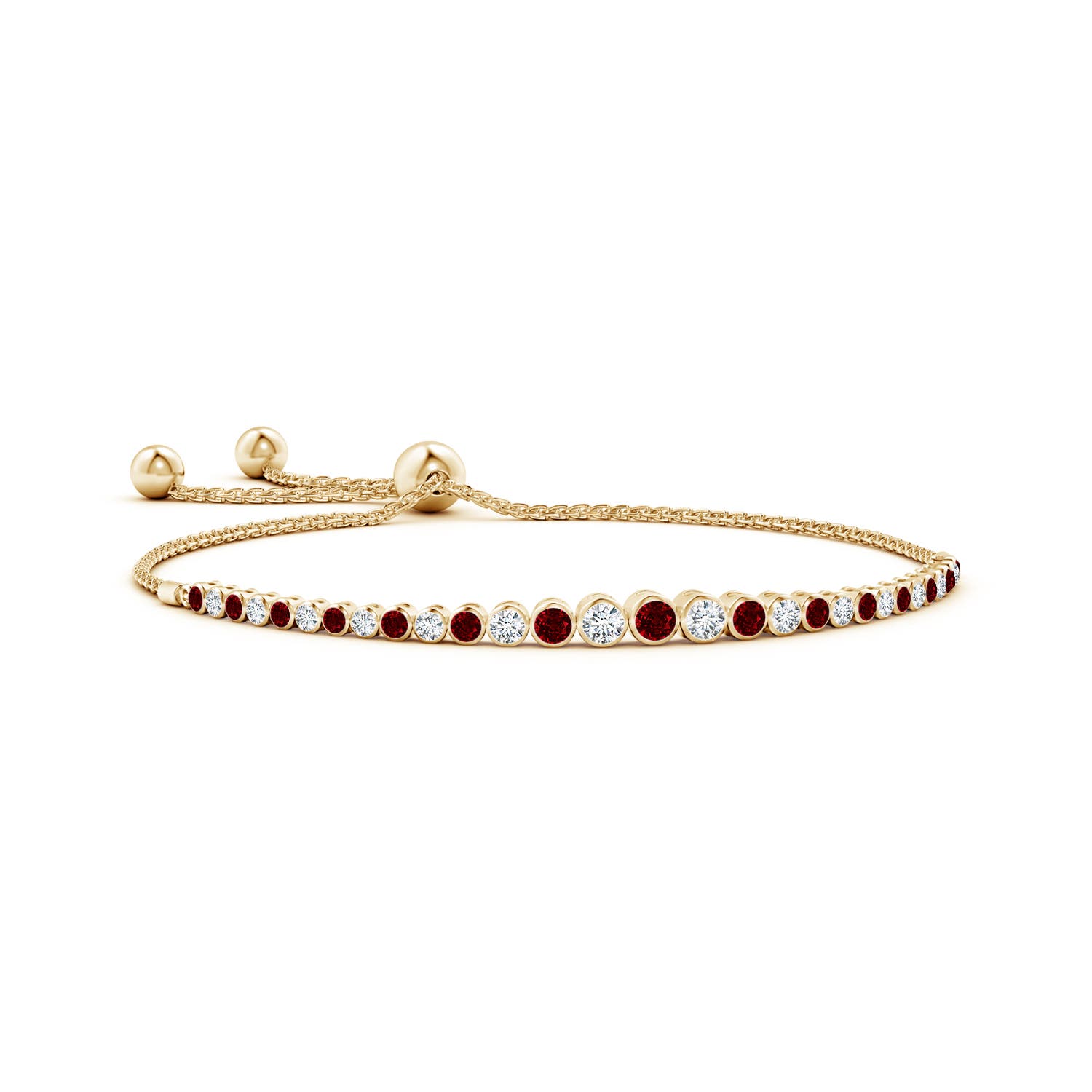3.1mm AAAA Graduated Bezel-Set Ruby and Diamond Bolo Bracelet in Yellow Gold