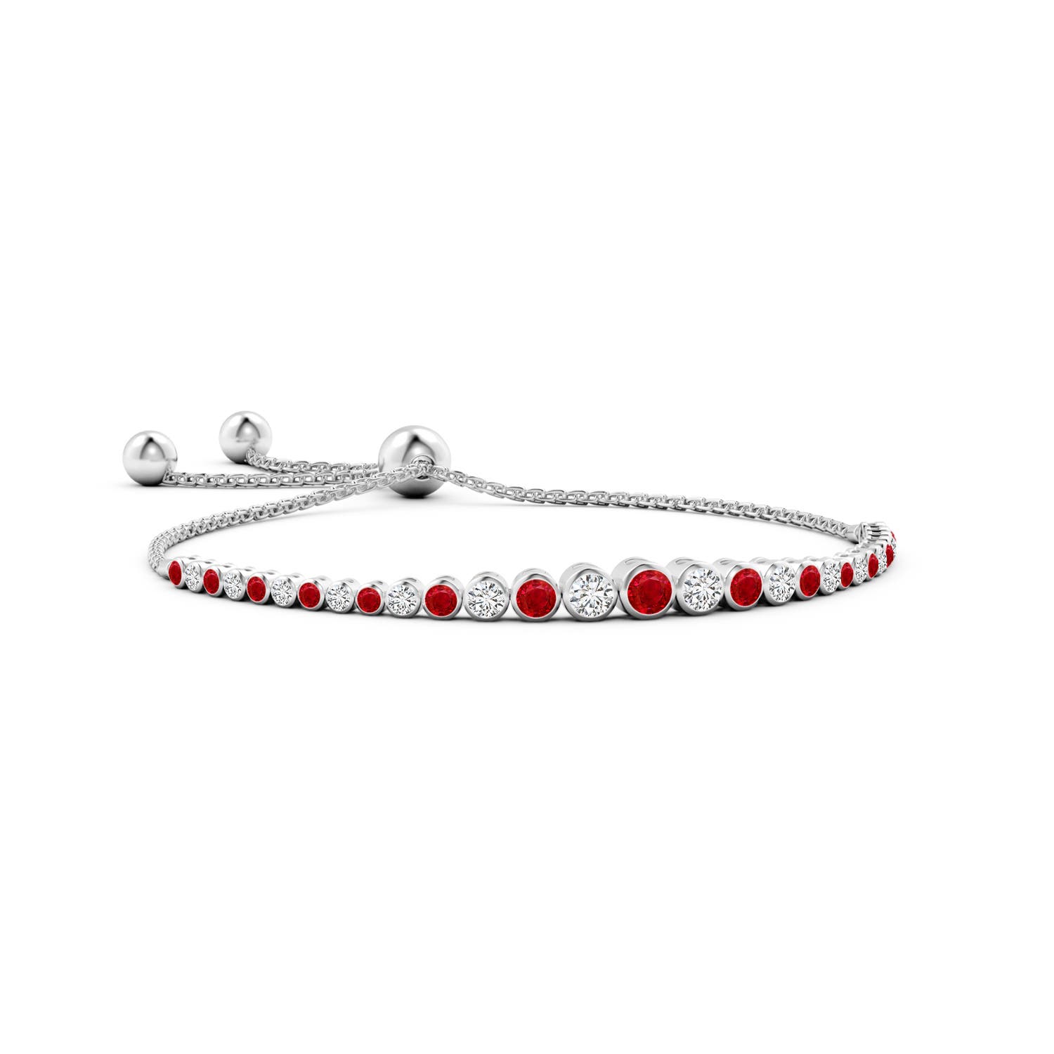 3.5mm AAA Graduated Bezel-Set Ruby and Diamond Bolo Bracelet in White Gold