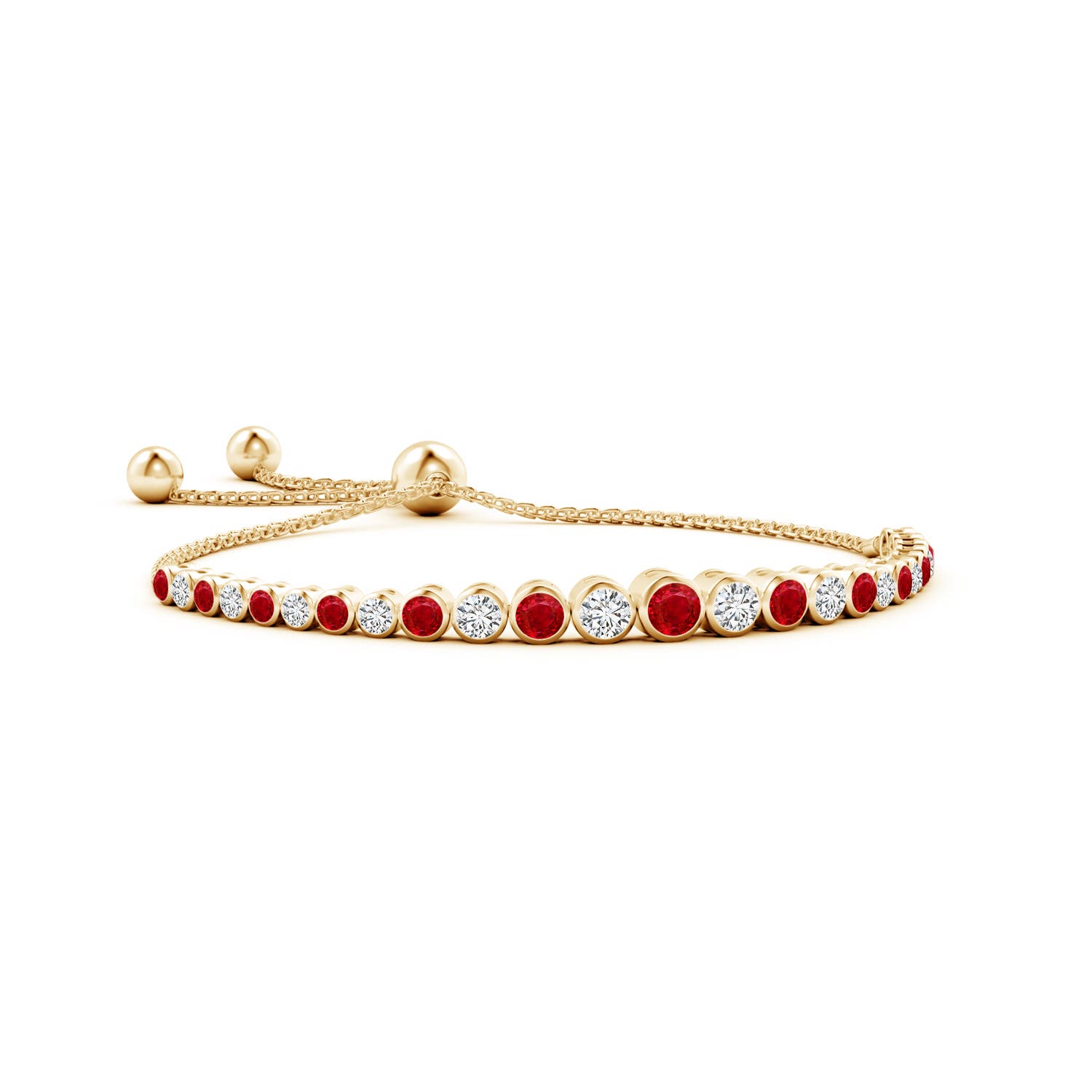 4mm AAA Graduated Bezel-Set Ruby and Diamond Bolo Bracelet in Yellow Gold