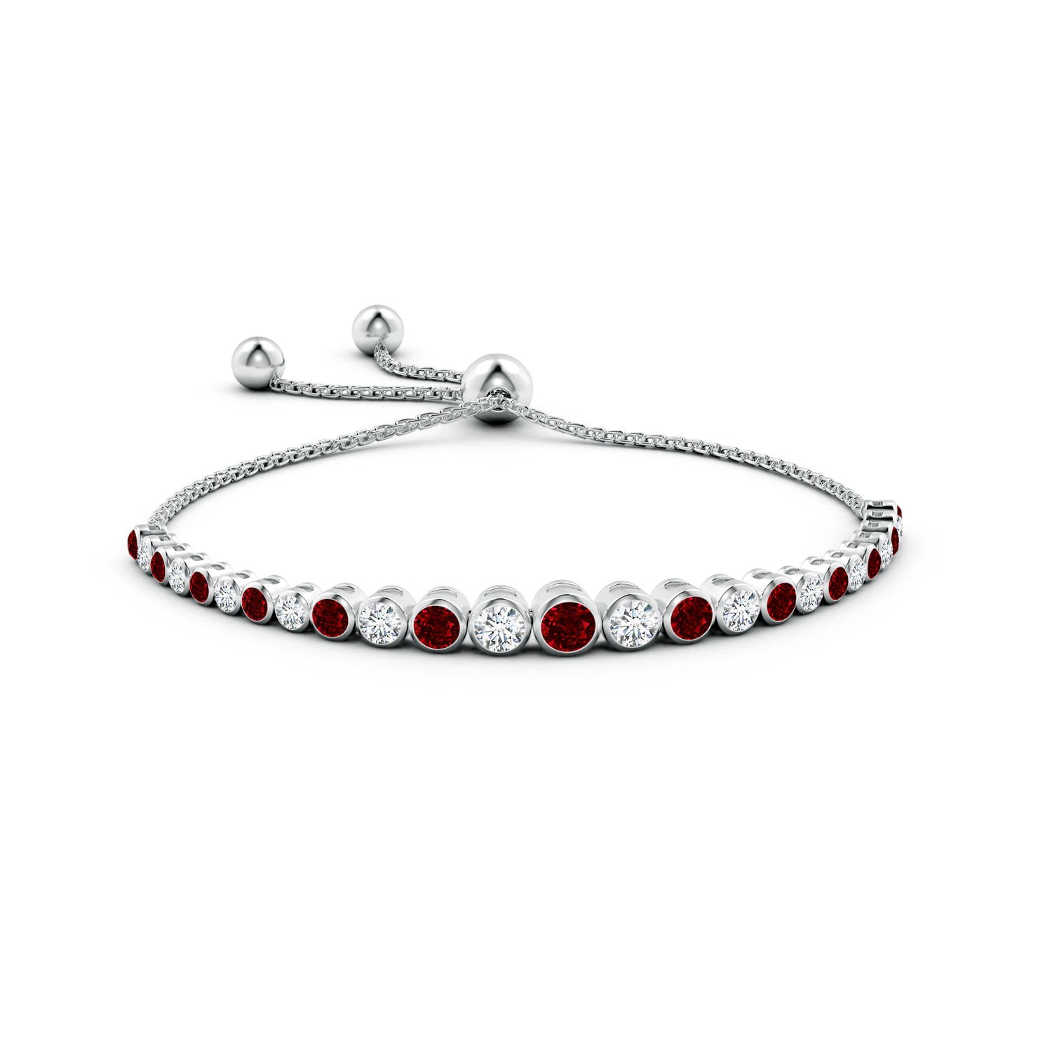 4mm AAAA Graduated Bezel-Set Ruby and Diamond Bolo Bracelet in White Gold