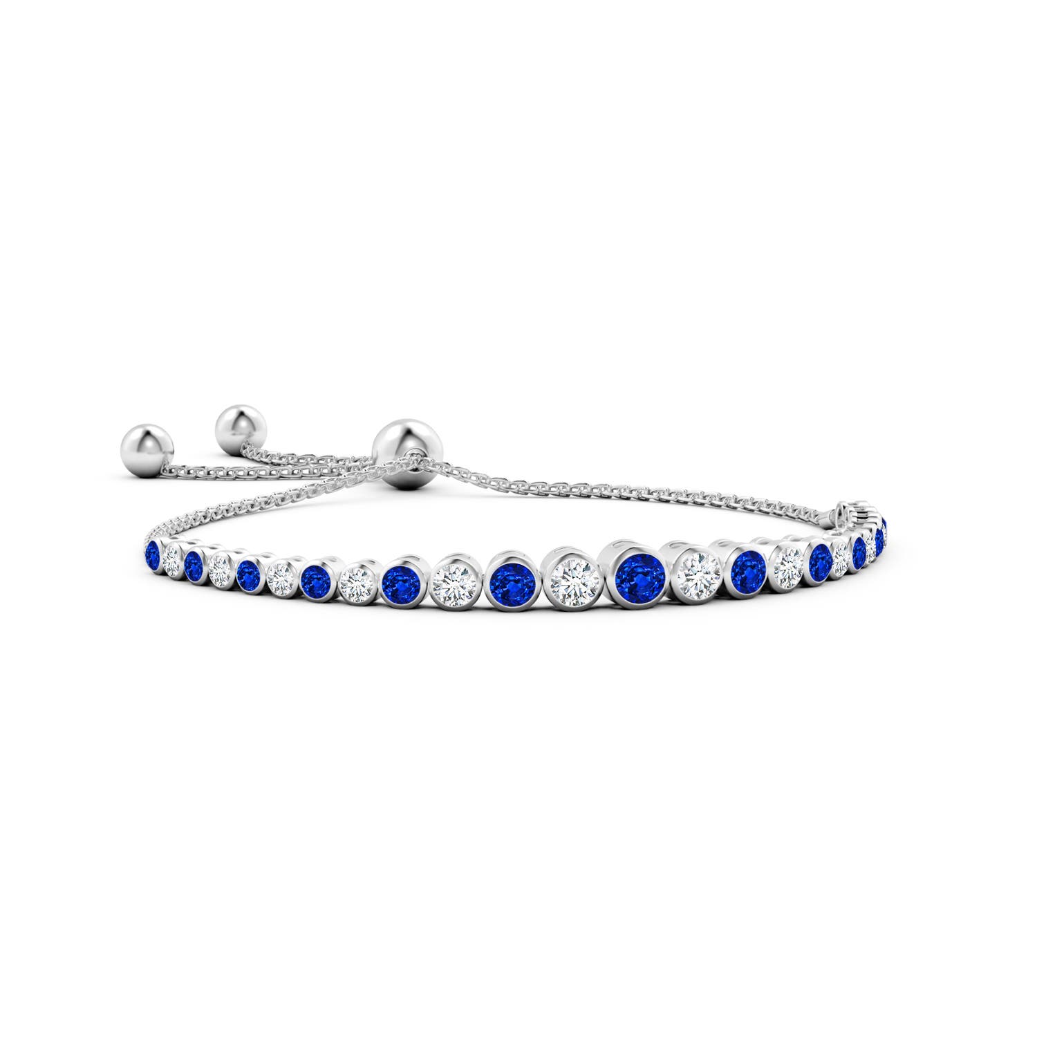4mm AAAA Graduated Bezel-Set Sapphire and Diamond Bolo Bracelet in White Gold