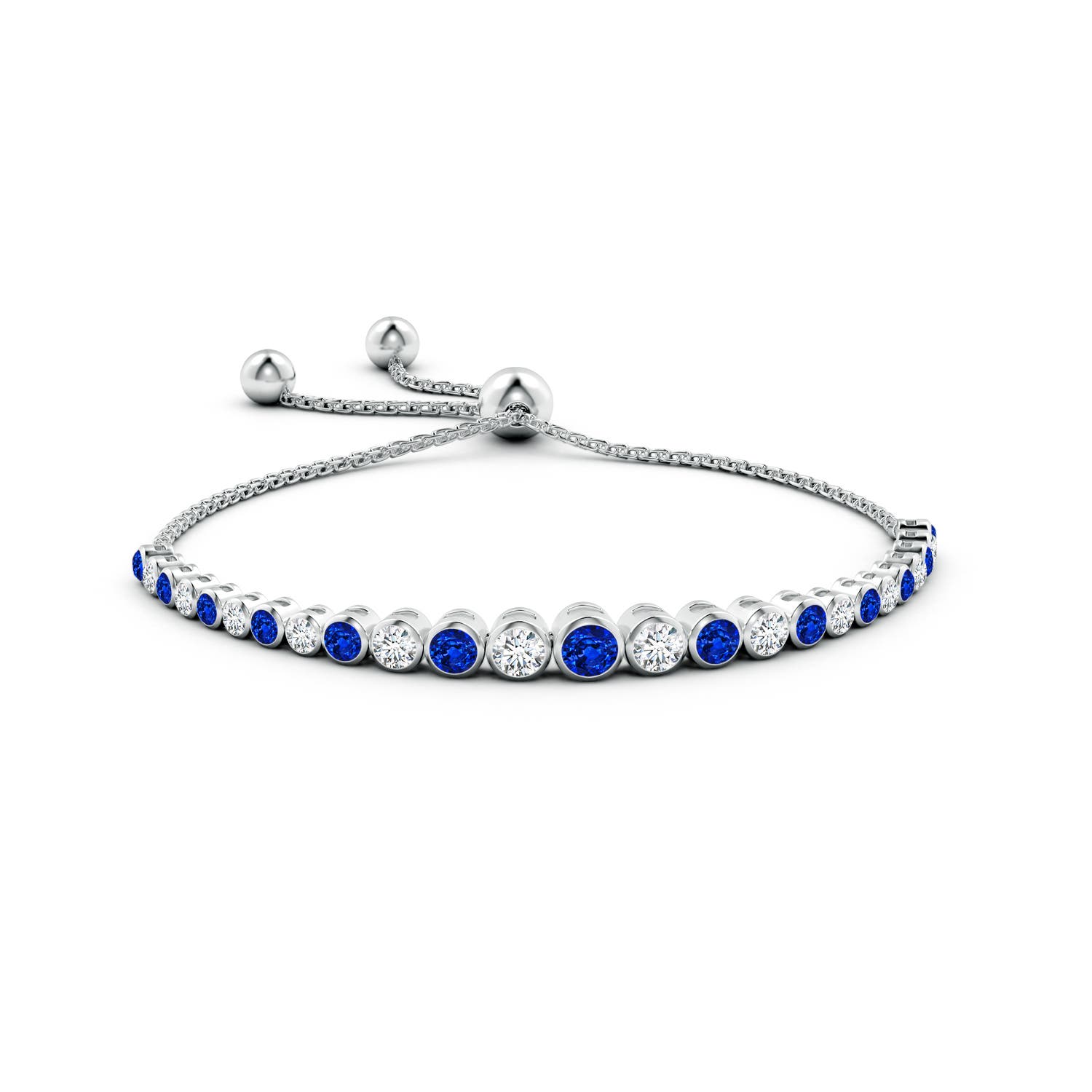 4mm AAAA Graduated Bezel-Set Sapphire and Diamond Bolo Bracelet in White Gold