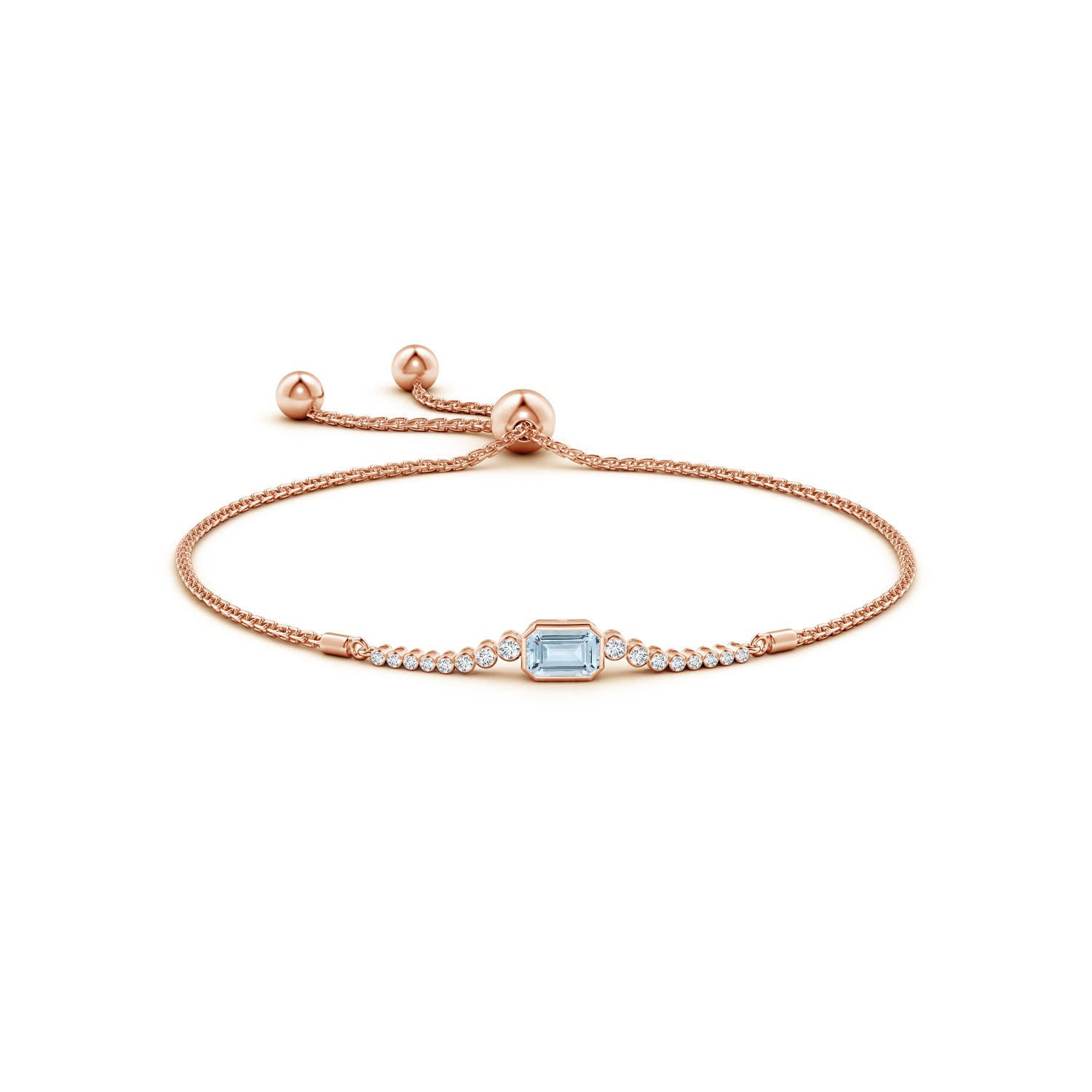 6x4mm A East West Bezel-Set Emerald-Cut Aquamarine Bolo Bracelet in Rose Gold
