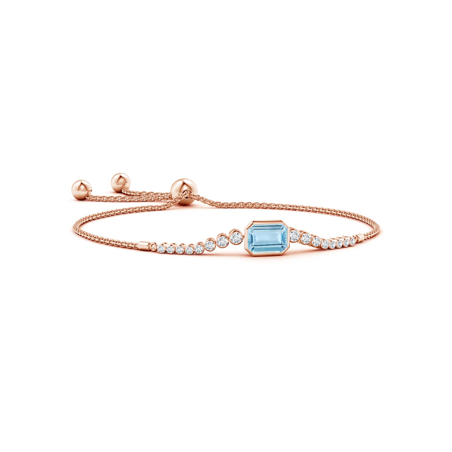 8x6mm AAA East West Bezel-Set Emerald-Cut Aquamarine Bolo Bracelet in Rose Gold