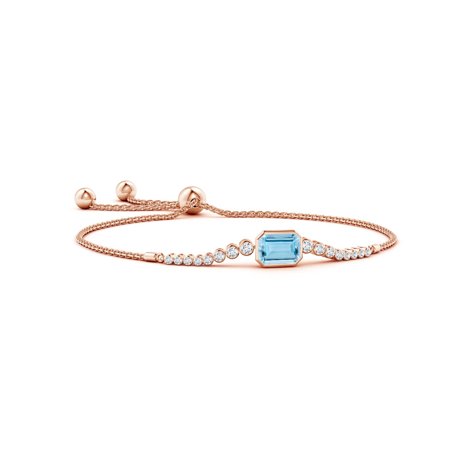 8x6mm AAAA East West Bezel-Set Emerald-Cut Aquamarine Bolo Bracelet in Rose Gold