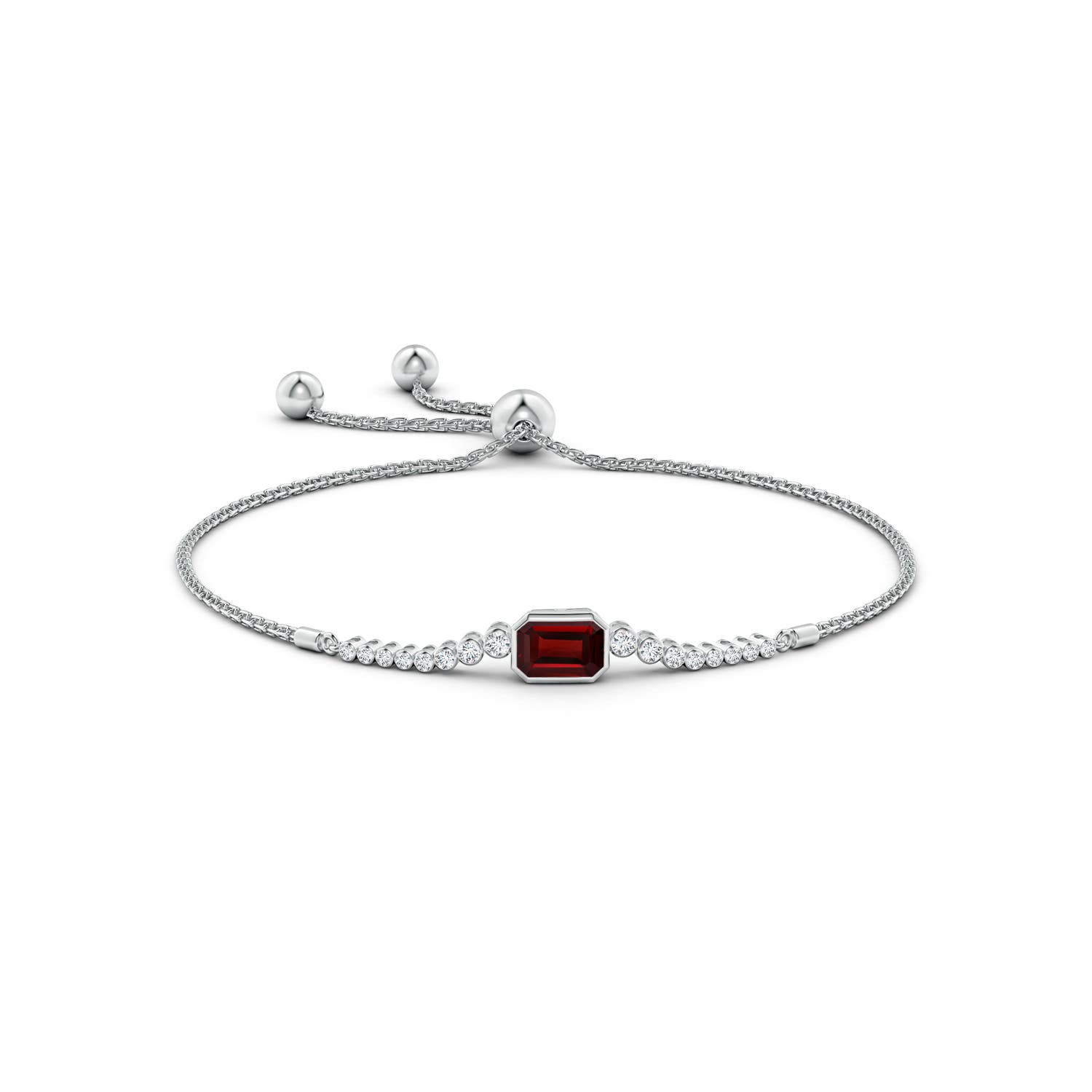 7x5mm AAA East West Bezel-Set Emerald-Cut Garnet Bolo Bracelet in White Gold - side 1