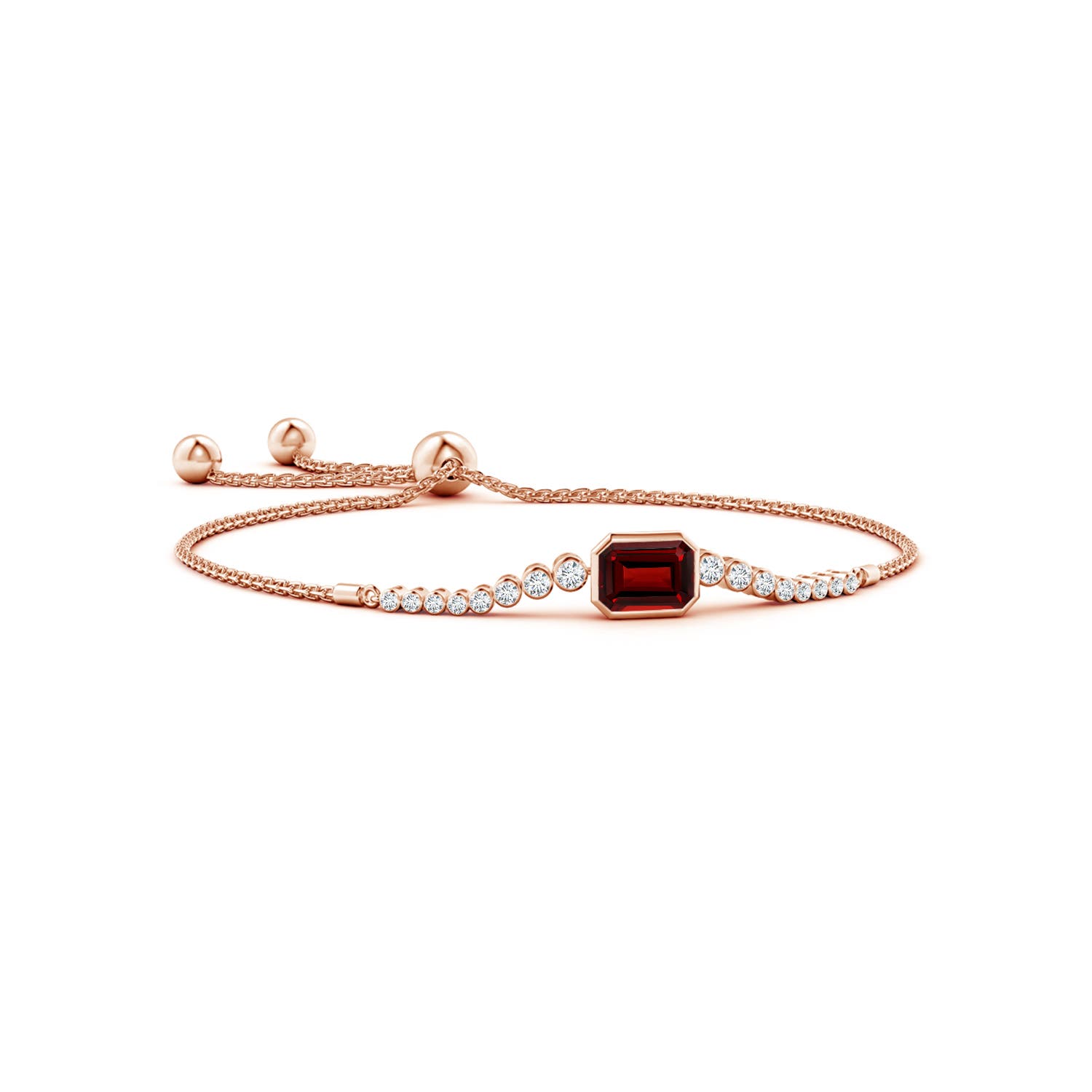 8x6mm AAAA East West Bezel-Set Emerald-Cut Garnet Bolo Bracelet in Rose Gold