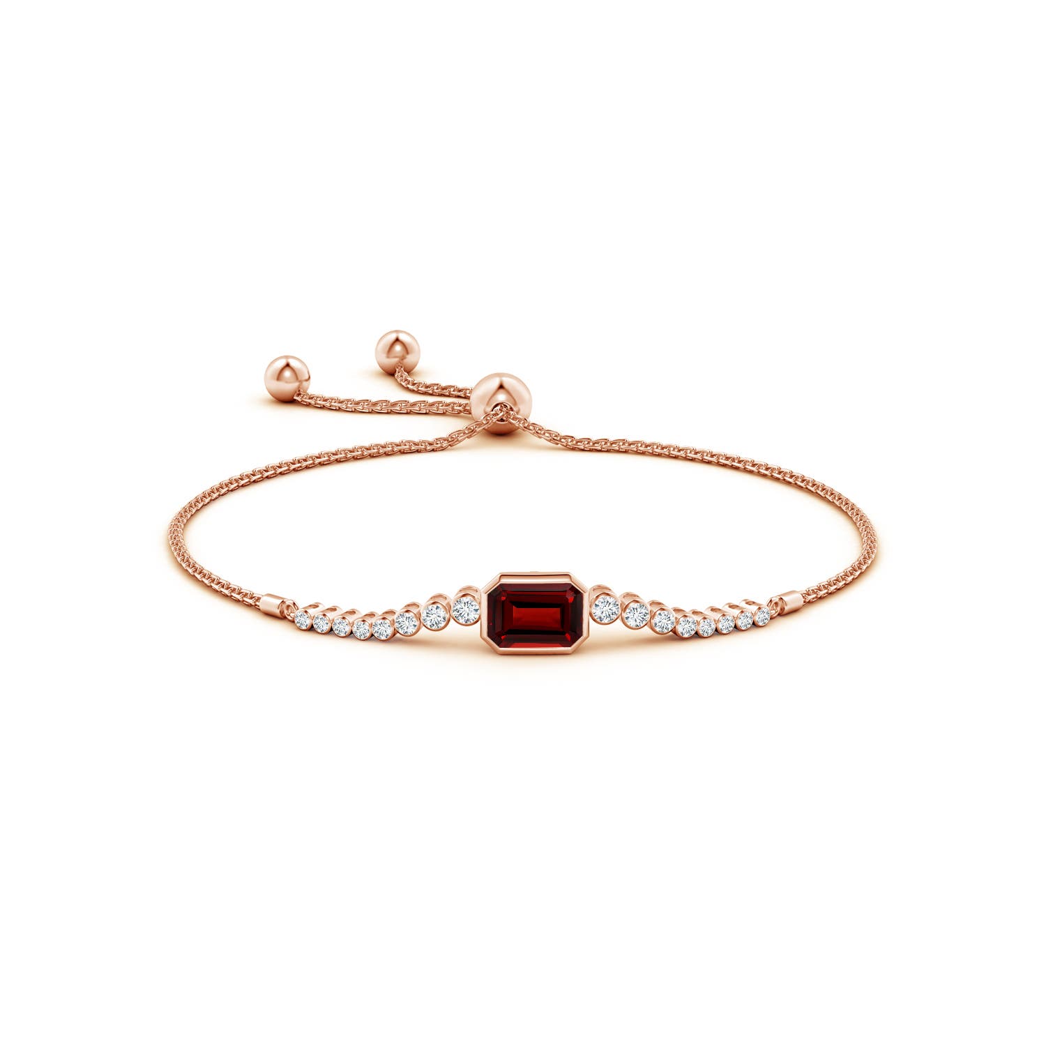 8x6mm AAAA East West Bezel-Set Emerald-Cut Garnet Bolo Bracelet in Rose Gold