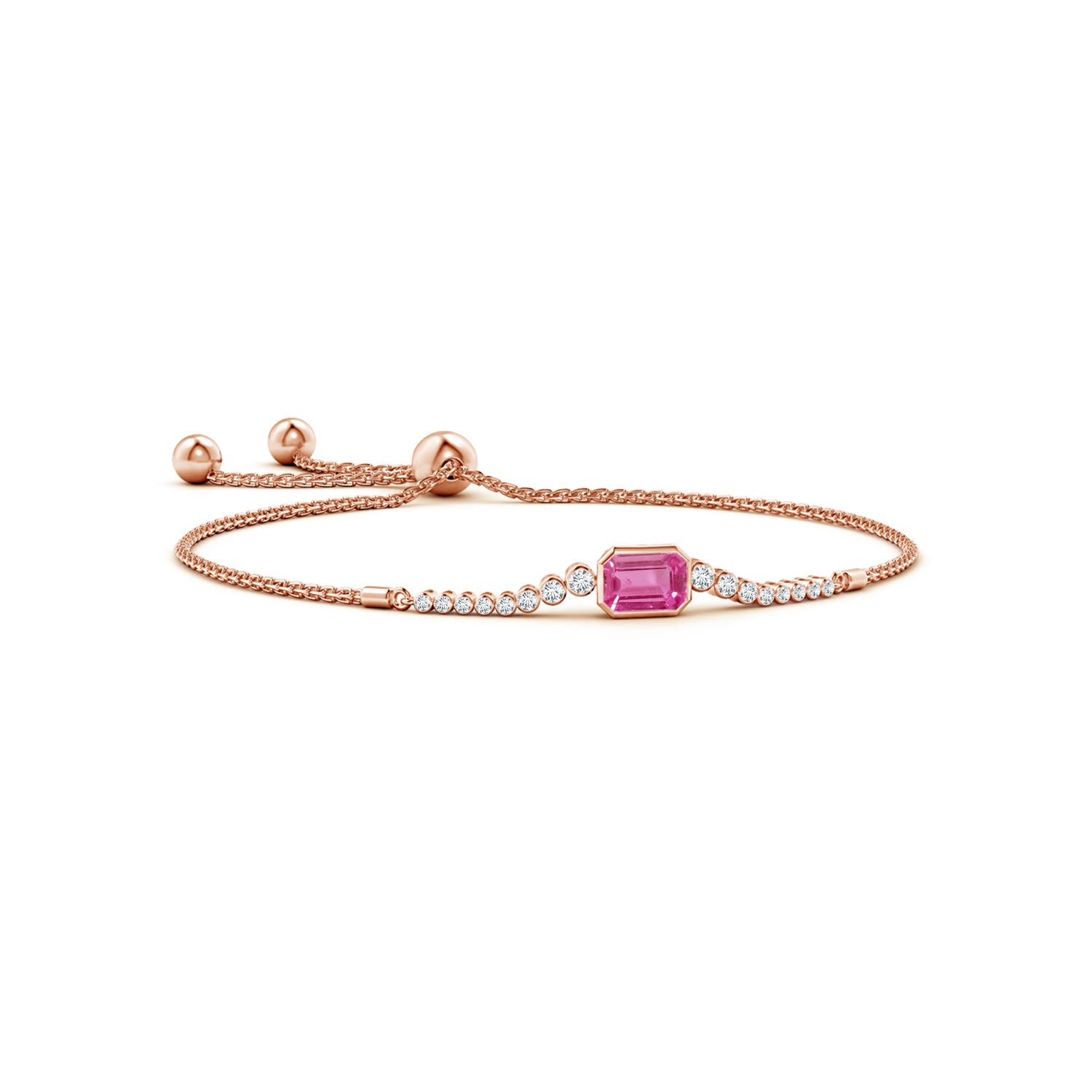 7x5mm AAAA East West Bezel-Set Emerald-Cut Pink Sapphire Bolo Bracelet in Rose Gold