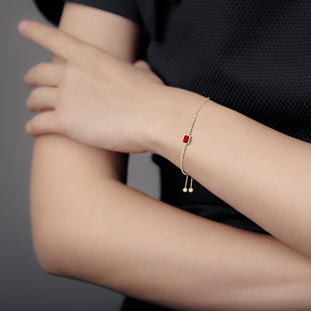 7x5mm AAA East West Bezel-Set Emerald-Cut Ruby Bolo Bracelet in Yellow Gold - body_bra