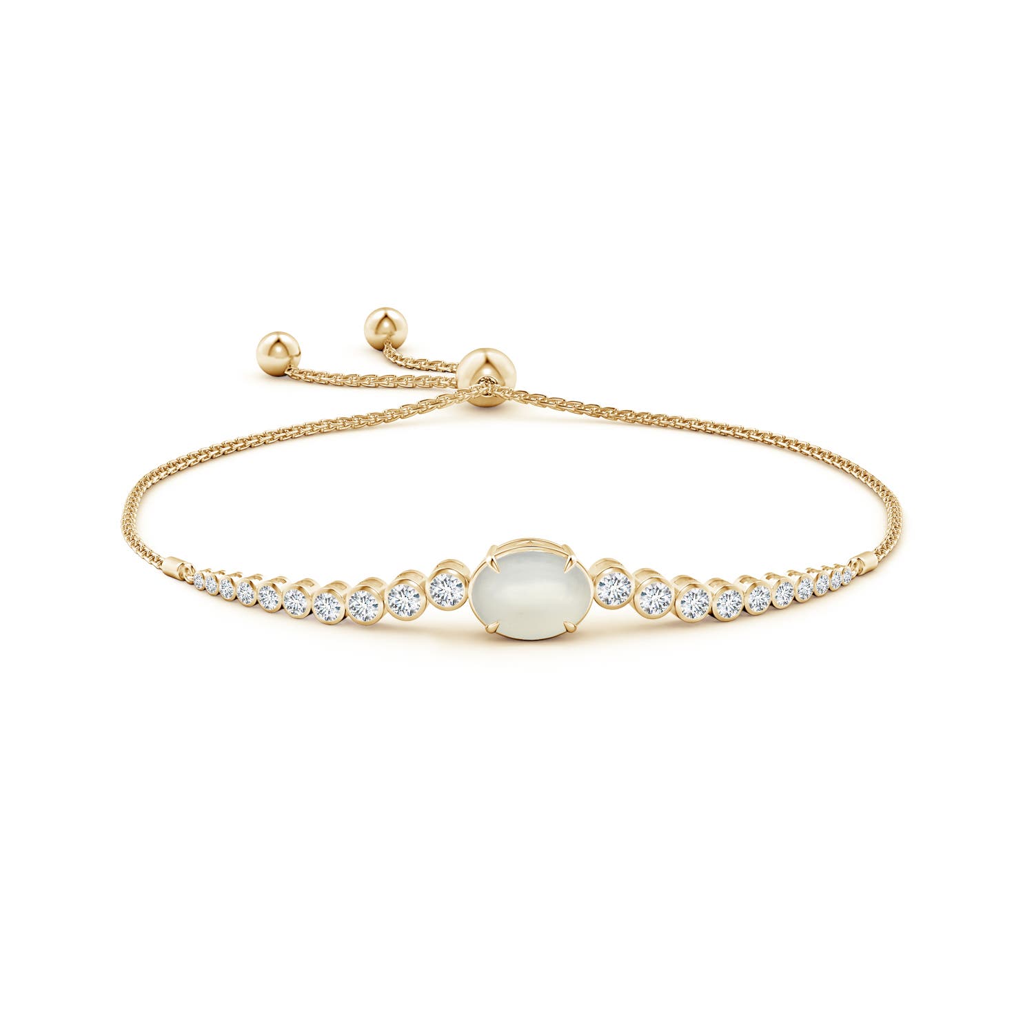 10x8mm AAA Oval Moonstone Bolo Bracelet with Bezel Diamonds in Yellow Gold