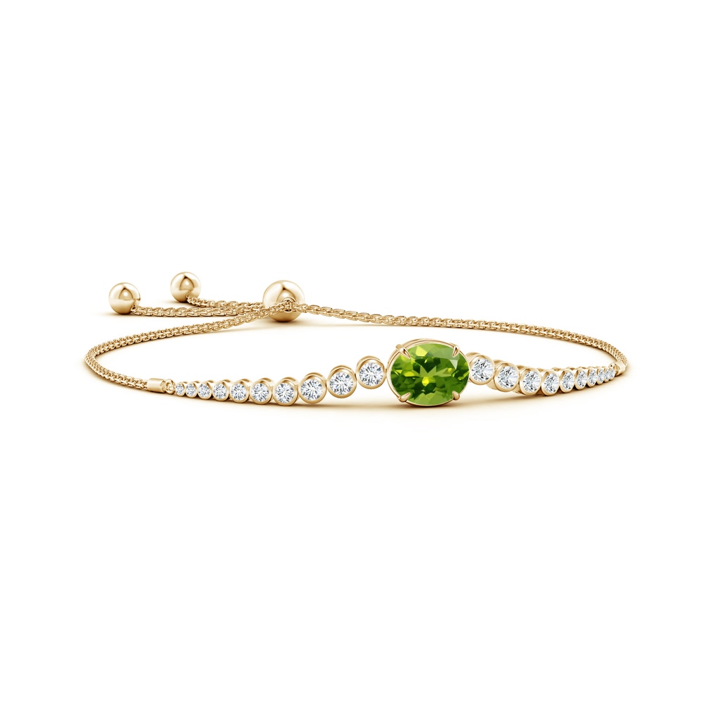 10x8mm AAAA Oval Peridot Bolo Bracelet with Bezel Diamonds in Yellow Gold