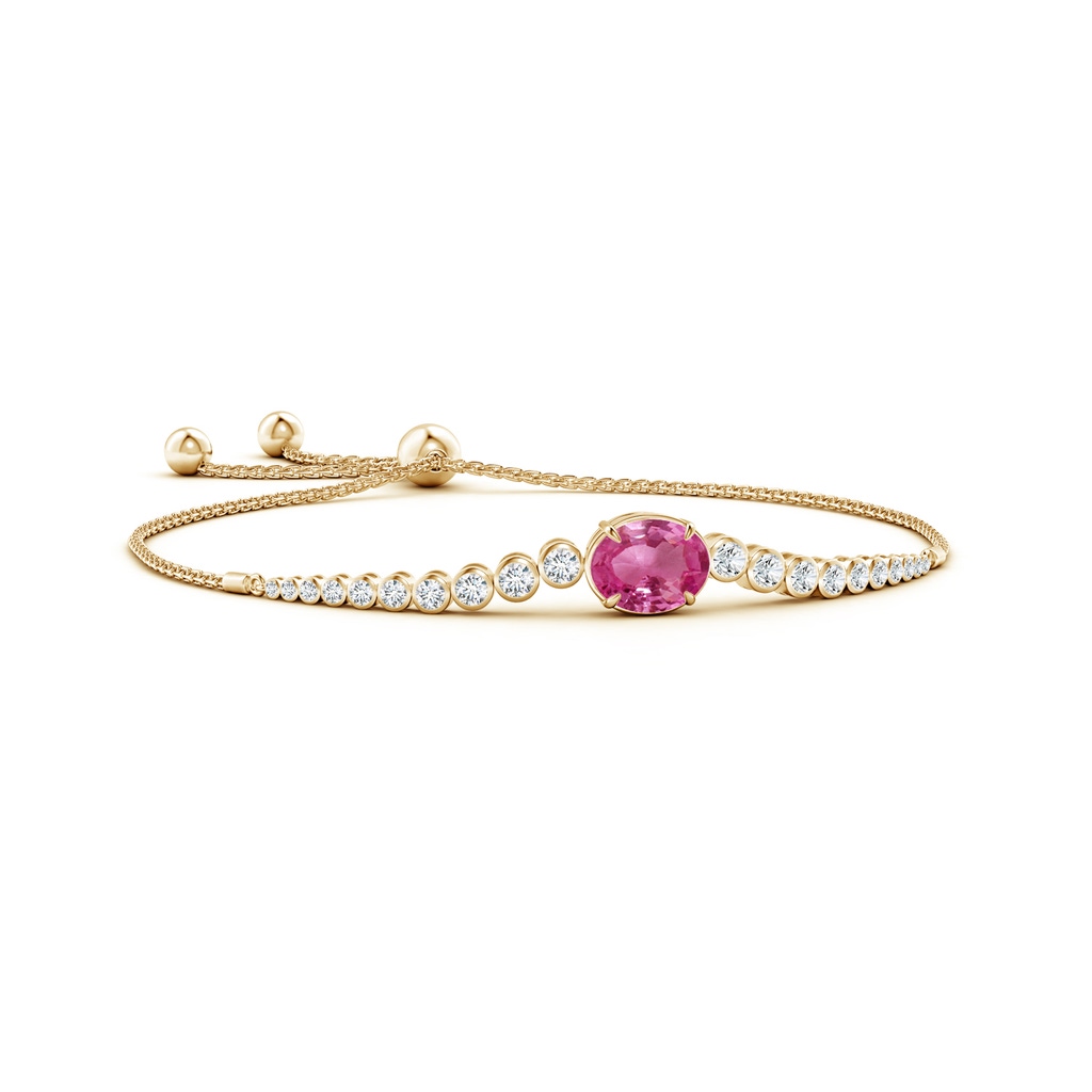 10x8mm AAAA Oval Pink Sapphire Bolo Bracelet with Bezel Diamonds in Yellow Gold