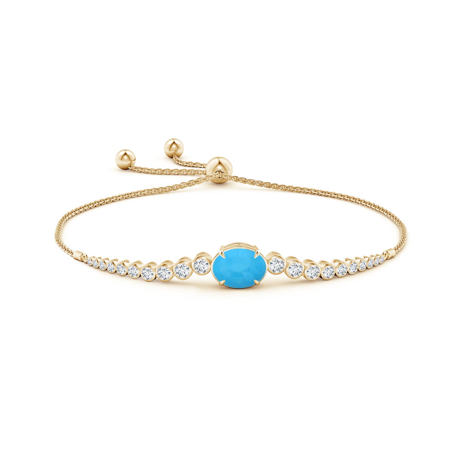 10x8mm AAA Oval Turquoise Bolo Bracelet with Bezel Diamonds in Yellow Gold - side 1