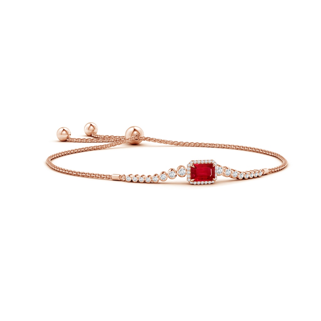 7x5mm AAA Emerald-Cut Ruby Halo Bolo Bracelet in Rose Gold