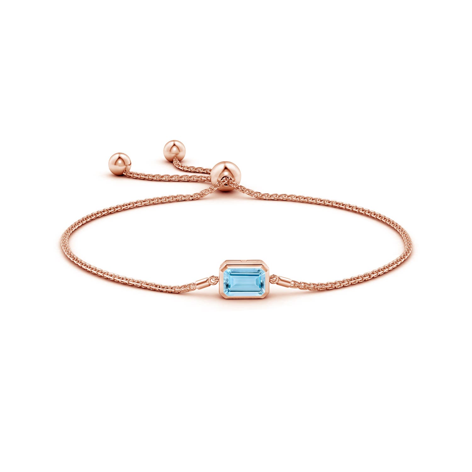 8x6mm AAAA Horizontally Set Emerald-Cut Aquamarine Bolo Bracelet in Rose Gold