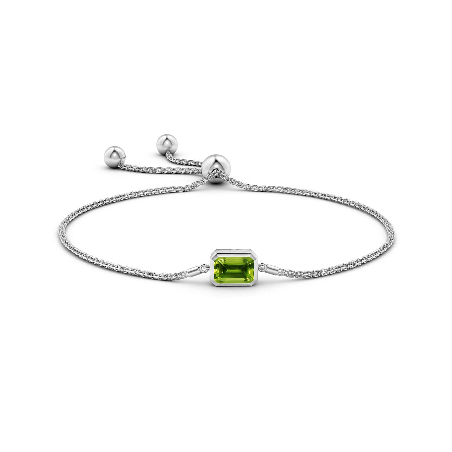 8x6mm AAAA Horizontally Set Emerald-Cut Peridot Bolo Bracelet in White Gold - side 1