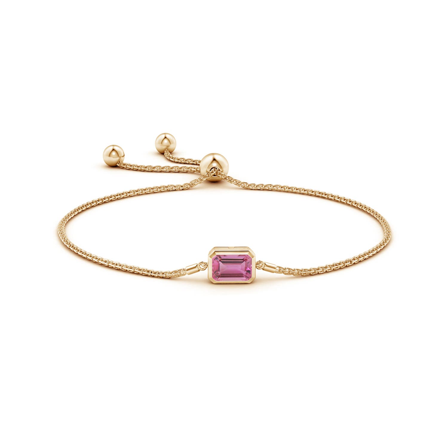 8x6mm AAA Horizontally Set Emerald-Cut Pink Tourmaline Bolo Bracelet in Yellow Gold