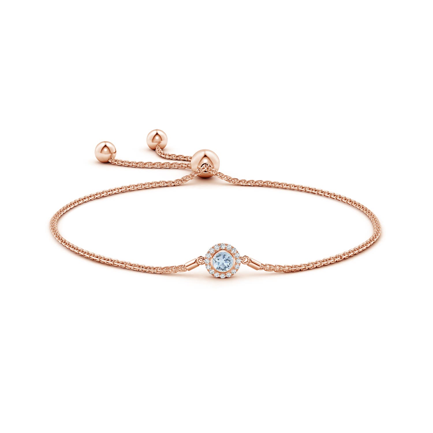 4mm A Bezel-Set Aquamarine Bolo Bracelet with Diamond Halo in Rose Gold