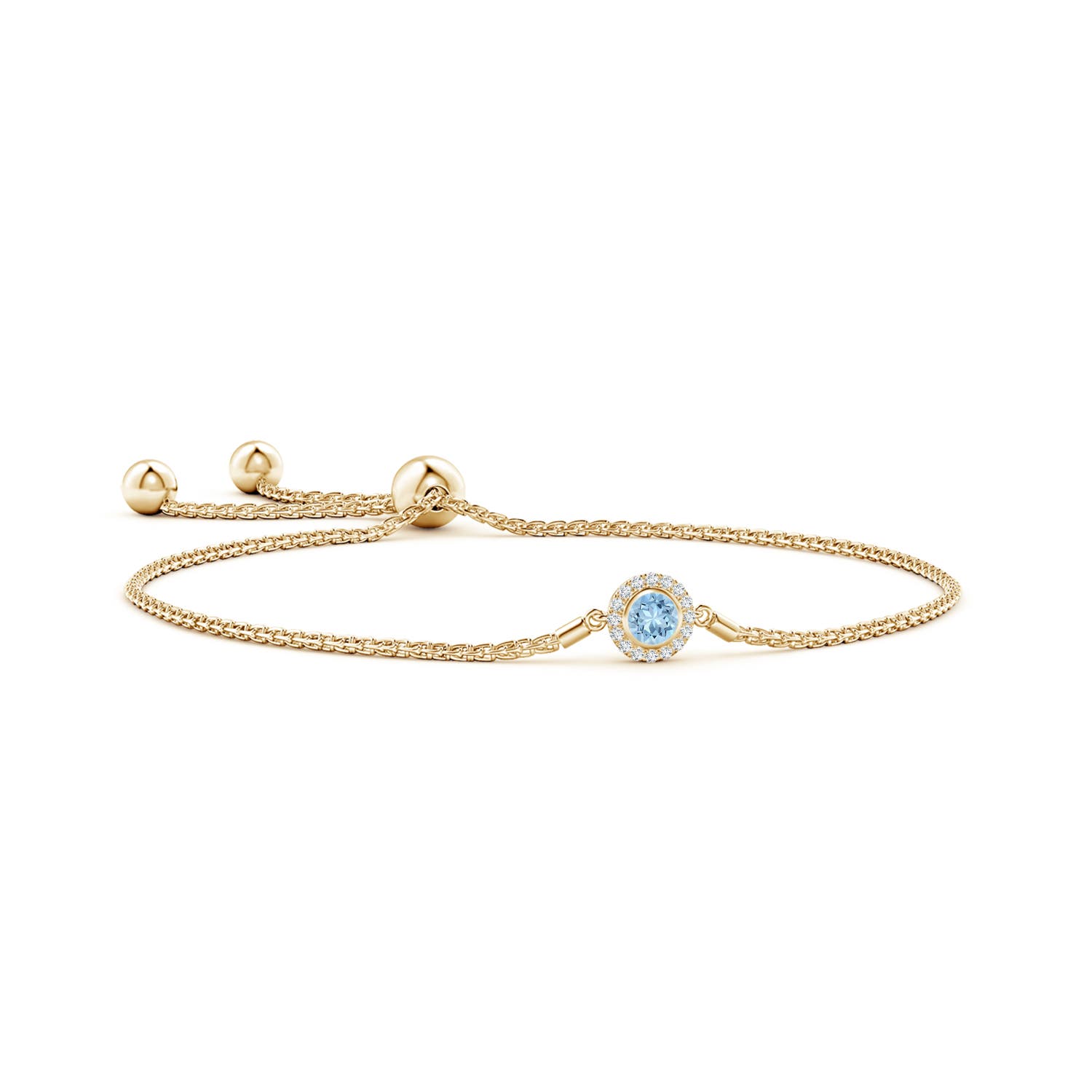 4mm AAA Bezel-Set Aquamarine Bolo Bracelet with Diamond Halo in Yellow Gold