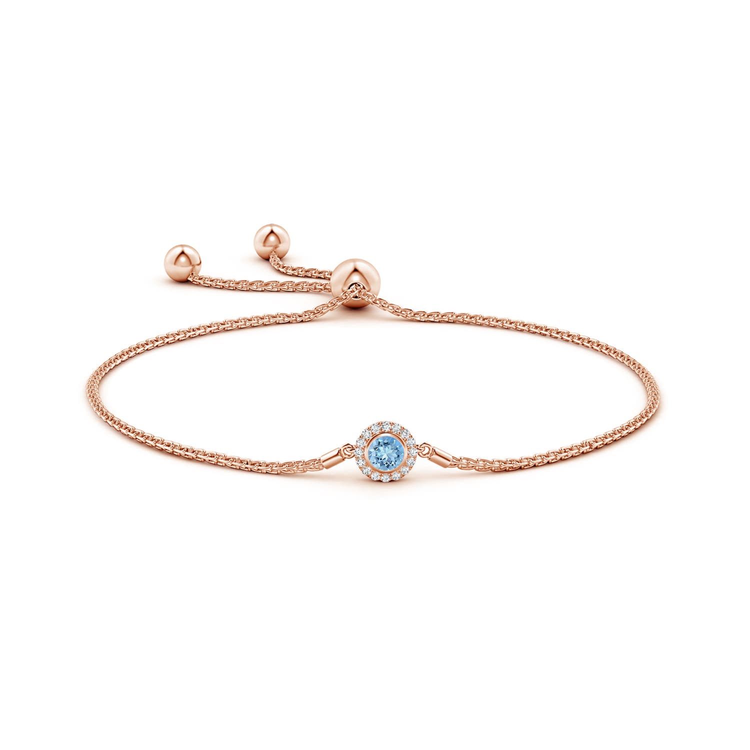 4mm AAAA Bezel-Set Aquamarine Bolo Bracelet with Diamond Halo in Rose Gold