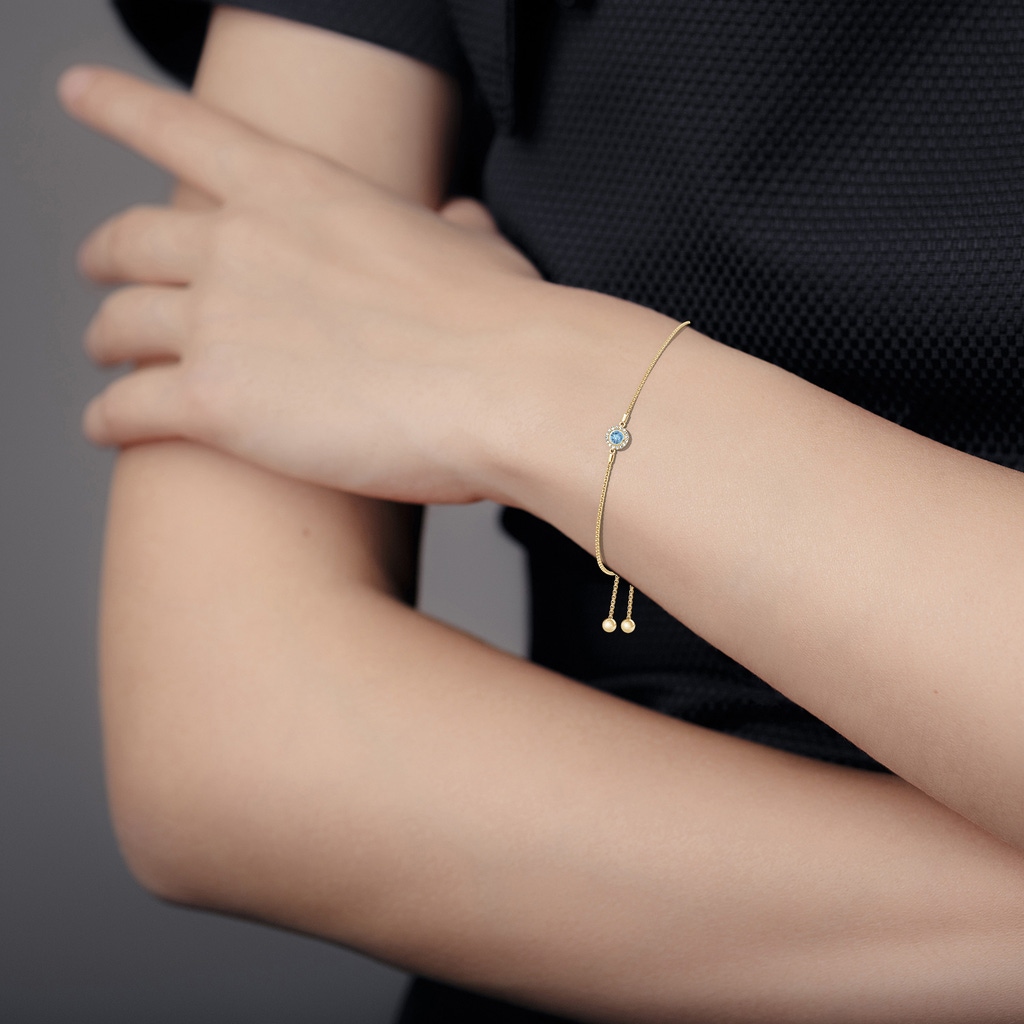 4mm AAAA Bezel-Set Aquamarine Bolo Bracelet with Diamond Halo in Yellow Gold - body_bra