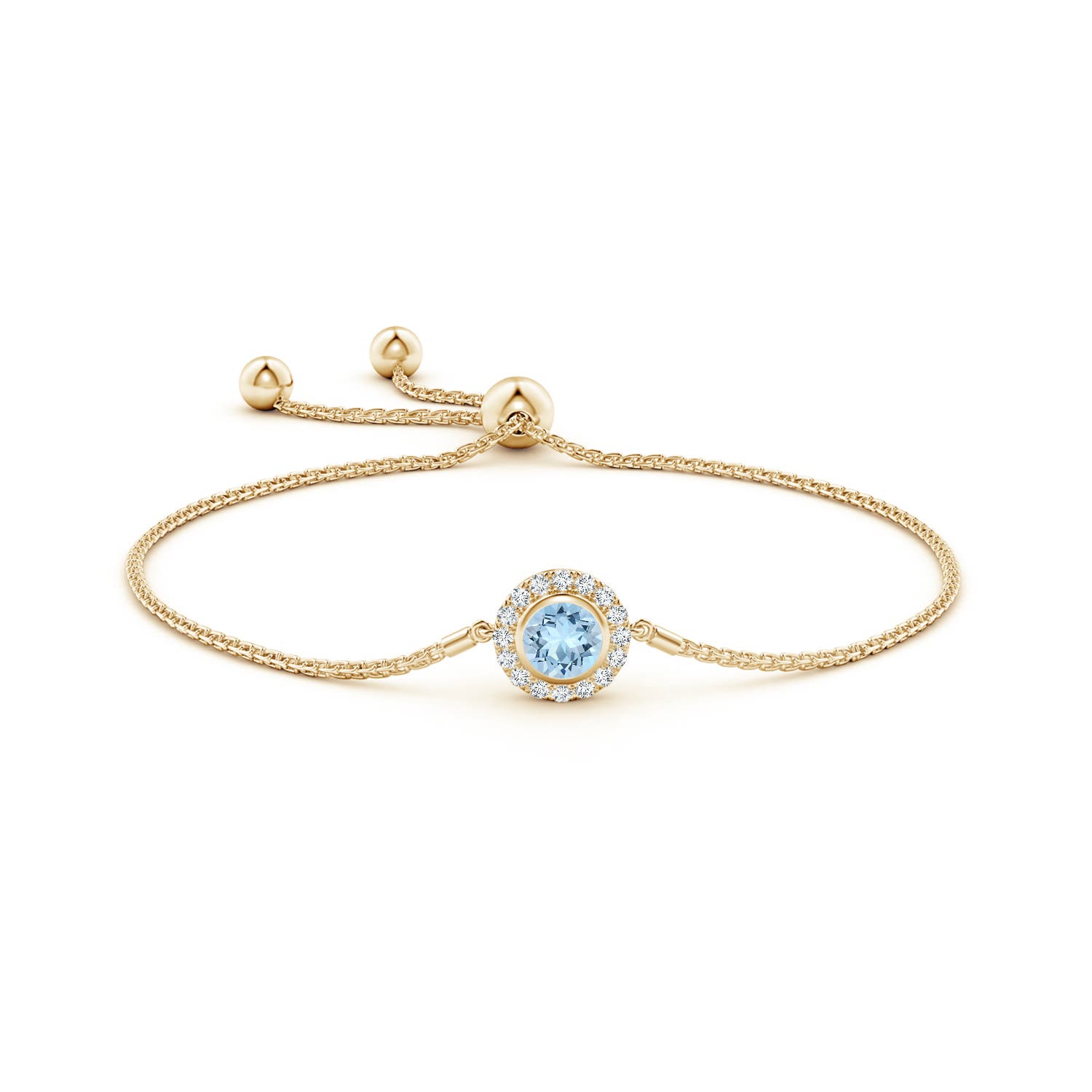 6mm AAA Bezel-Set Aquamarine Bolo Bracelet with Diamond Halo in Yellow Gold