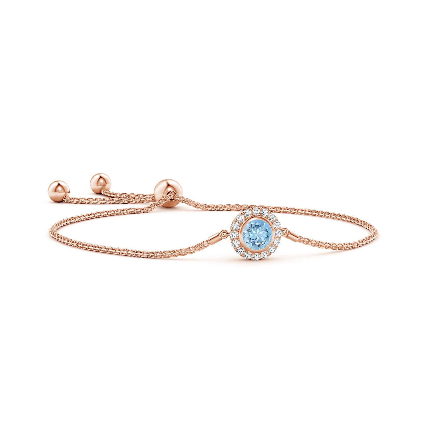 6mm AAAA Bezel-Set Aquamarine Bolo Bracelet with Diamond Halo in Rose Gold