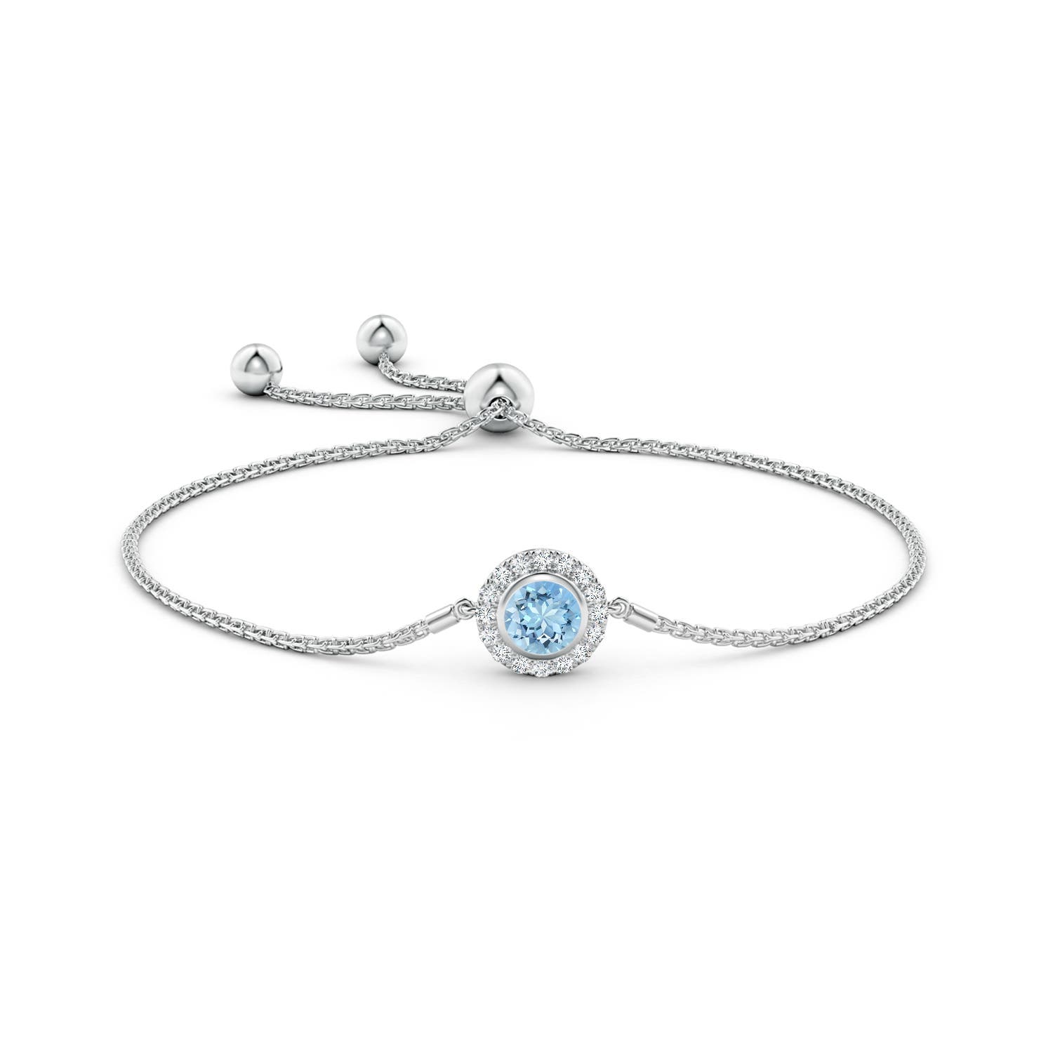 6mm AAAA Bezel-Set Aquamarine Bolo Bracelet with Diamond Halo in White Gold