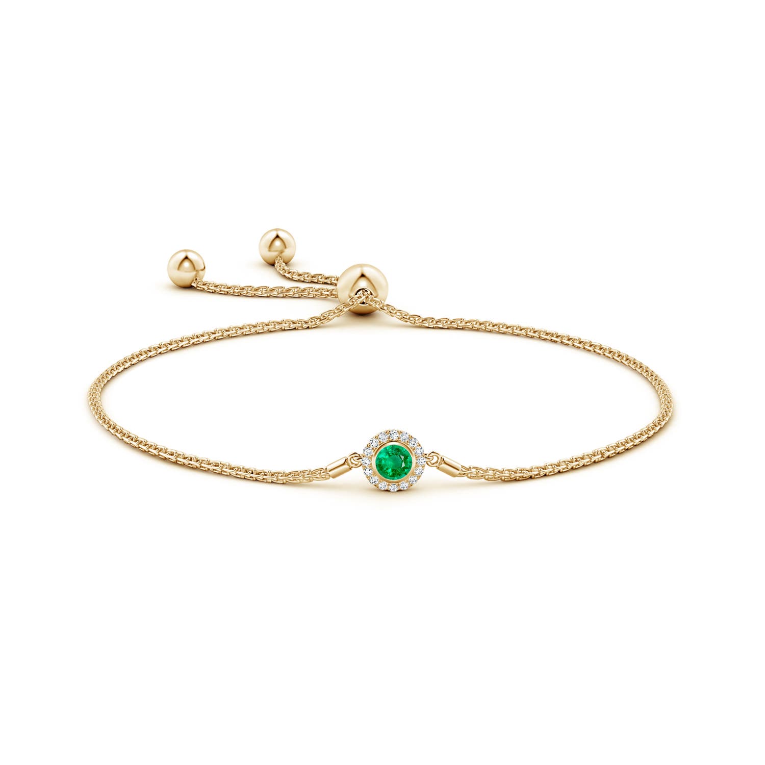 4mm AAA Bezel-Set Emerald Bolo Bracelet with Diamond Halo in Yellow Gold