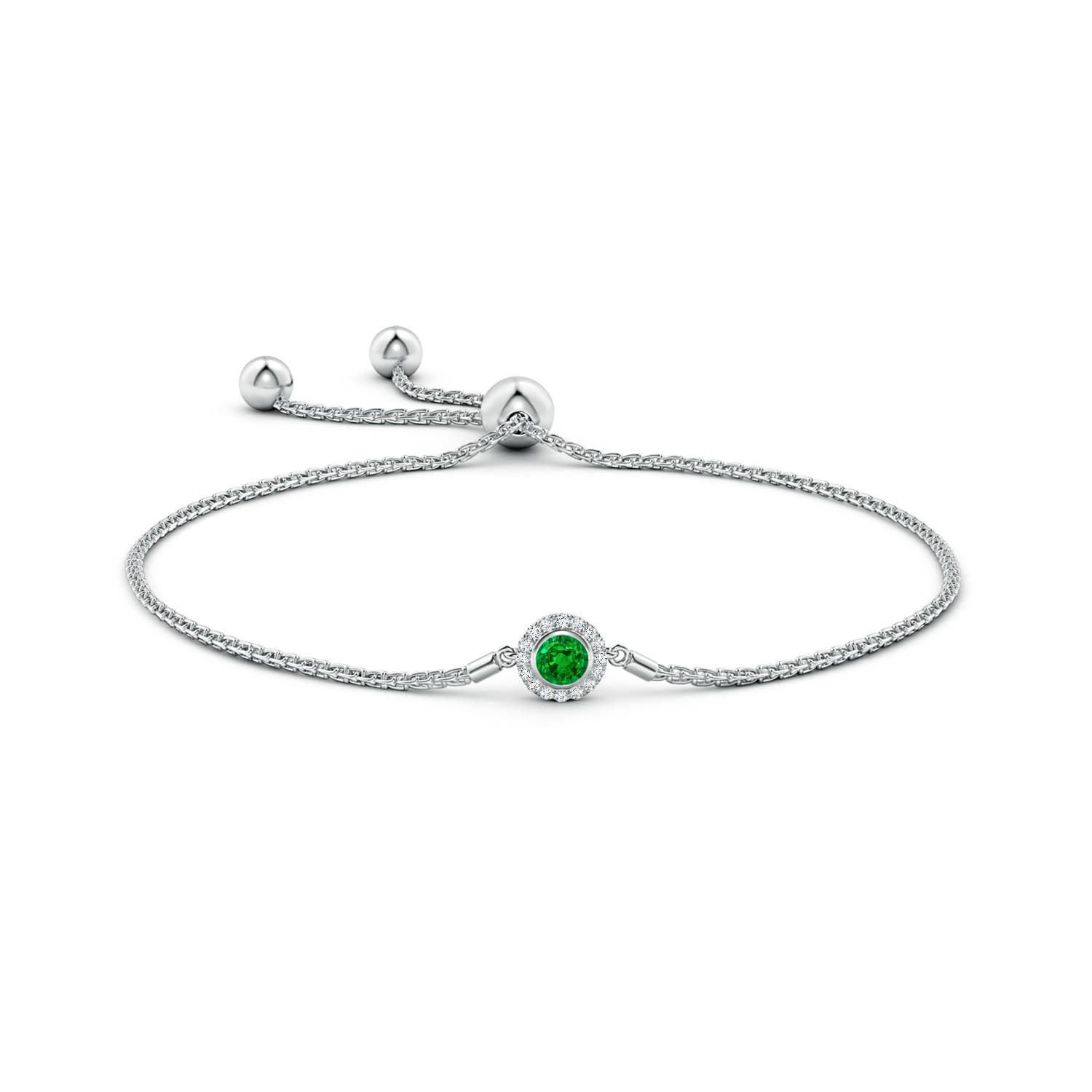 4mm AAAA Bezel-Set Emerald Bolo Bracelet with Diamond Halo in White Gold